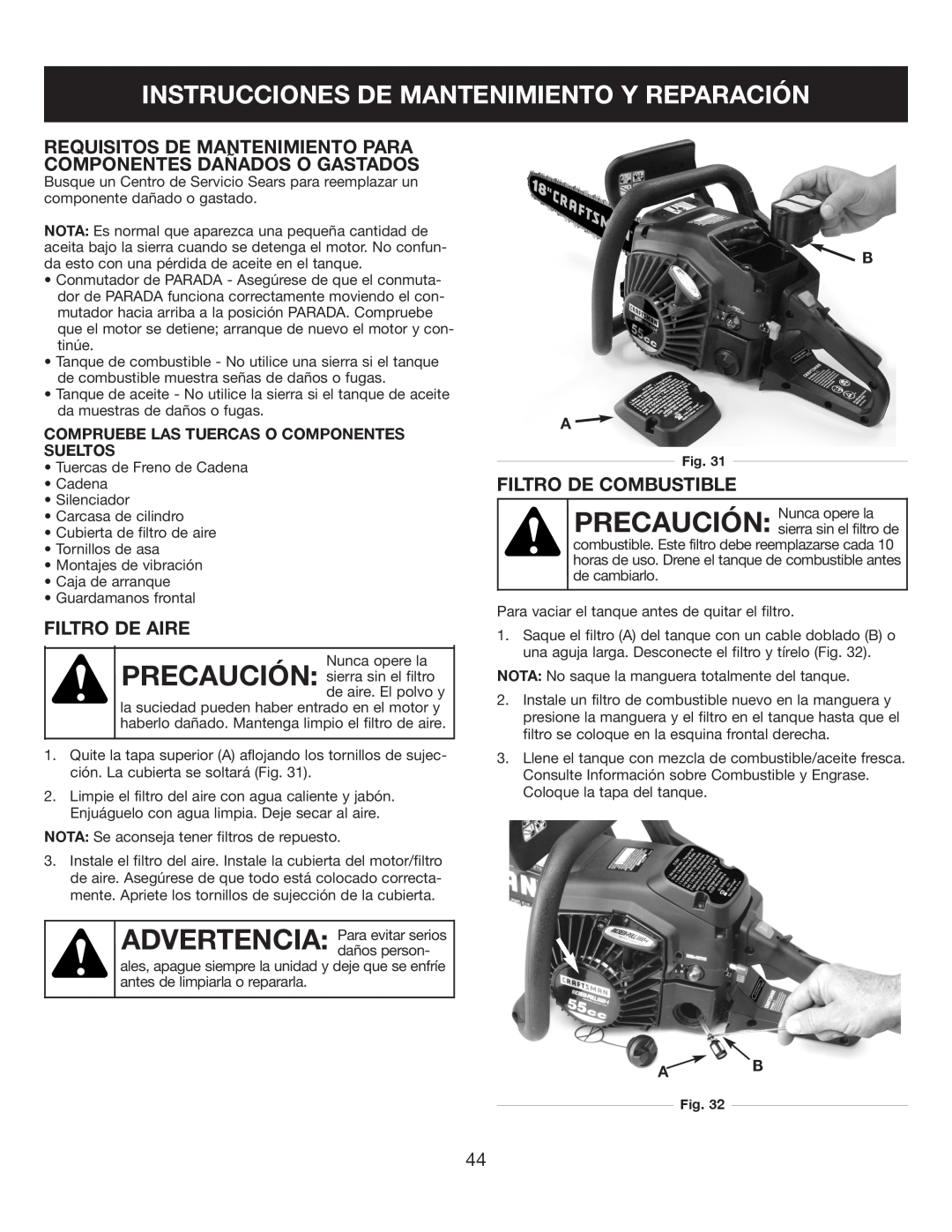 Sears 316.35084 manual Instrucciones De Mantenimiento Y Reparación, Filtro De Aire, Filtro De Combustible 