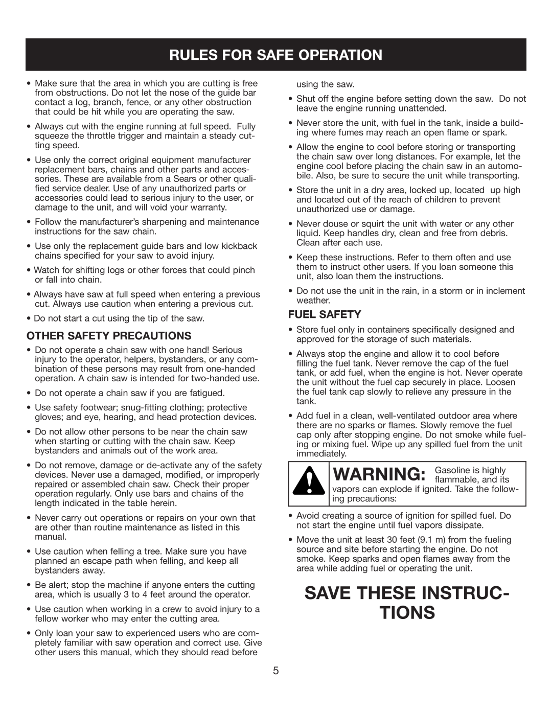 Sears 316.35084 manual Save These Instruc Tions, Rules For Safe Operation, Other Safety Precautions, Fuel Safety 