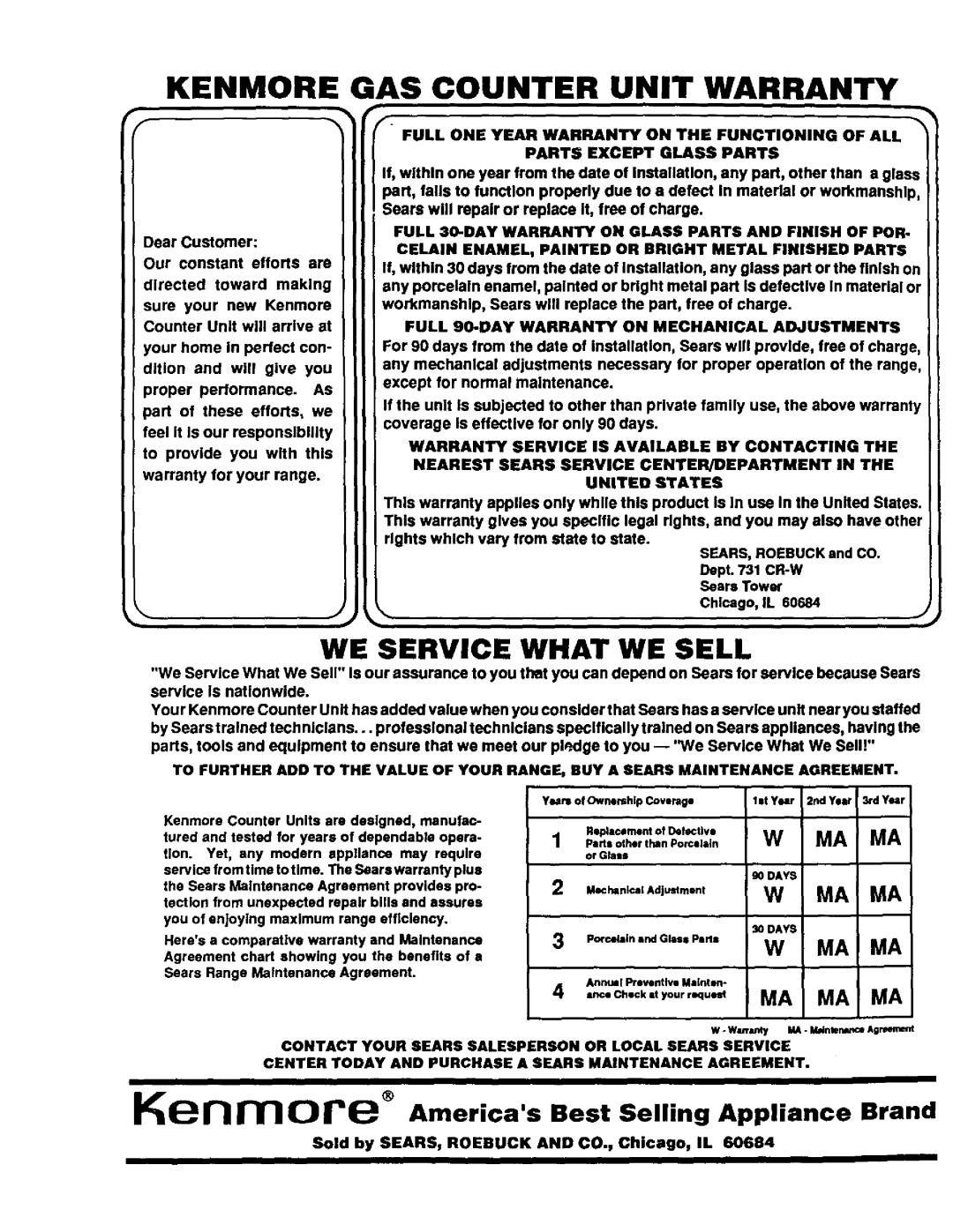 Sears 32O2O, 32O21, 32025 warranty WE Service What WE Sell, Full 90-DAY Warranty on Mechanical Adjustments 