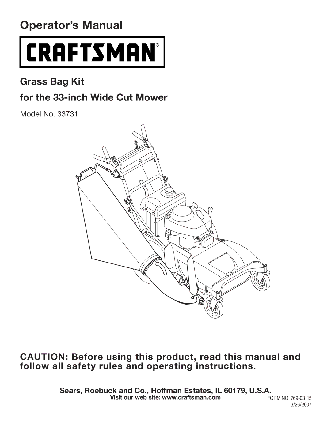 Sears 33731 manual Form no, 26/2007 