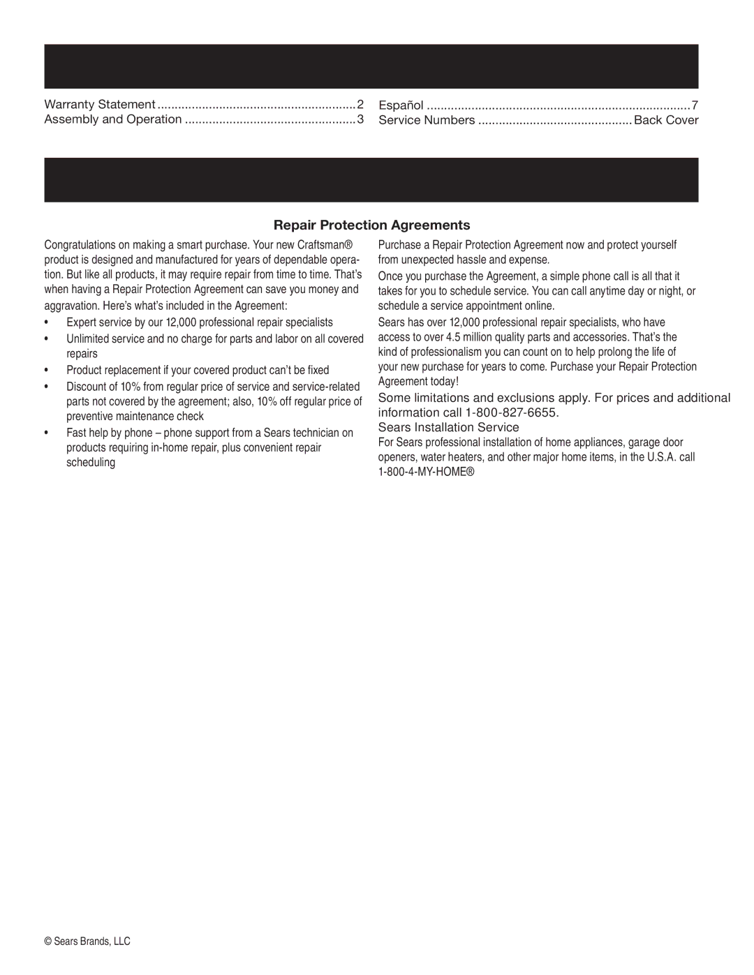 Sears 33731 manual Table of Contents, Warranty Statement, Repair Protection Agreements 