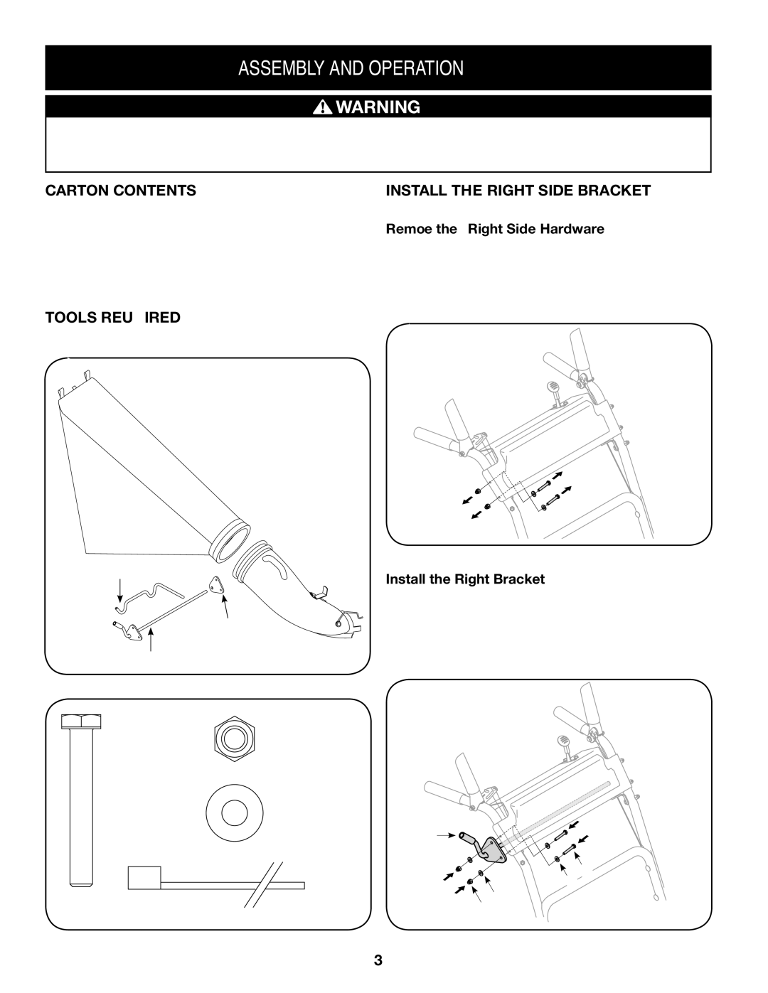 Sears 33731 manual Assembly and Operation, Carton Contents, Tools required, Install the Right Side Bracket 