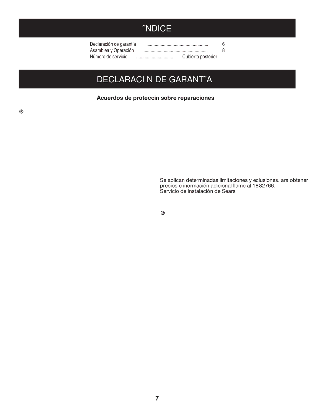 Sears 33731 manual Índice, Declaración DE Garantía, Acuerdos de protección sobre reparaciones 