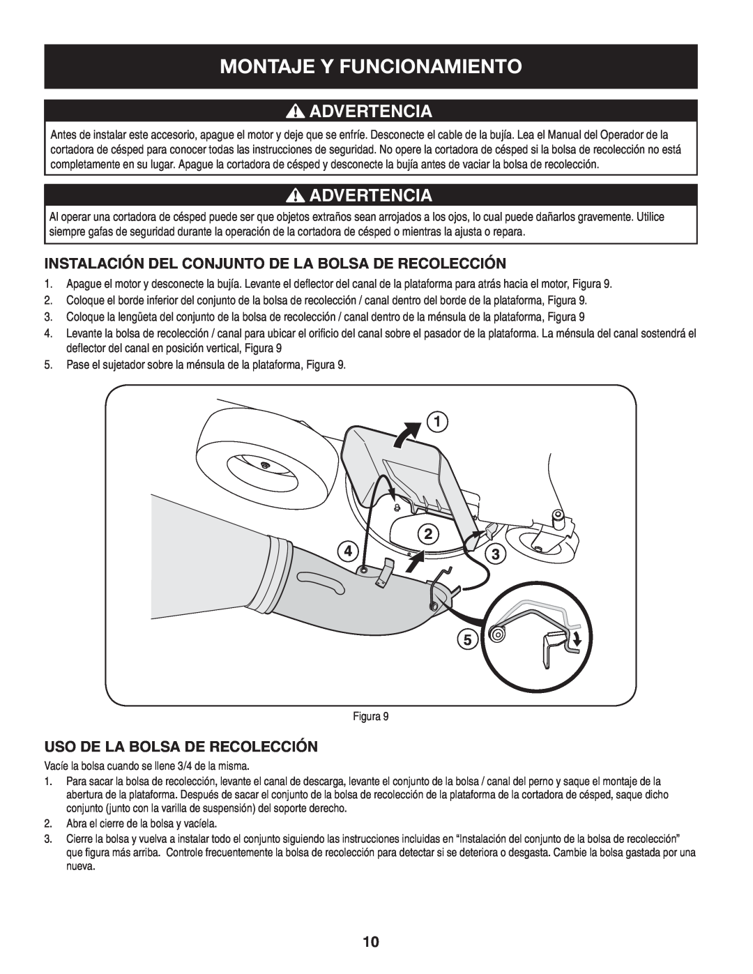 Sears 33731 manual Montaje Y Funcionamiento, Advertencia, 1 2 43, Uso De La Bolsa De Recolección 