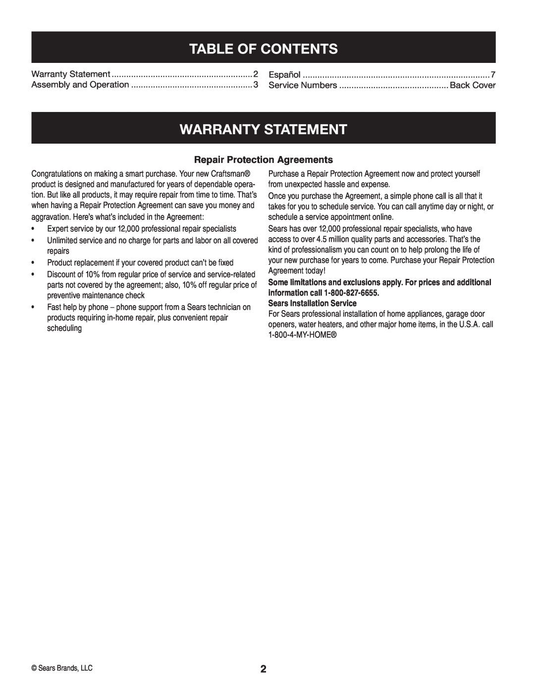 Sears 33731 manual Table Of Contents, Warranty Statement, Repair Protection Agreements, Sears Installation Service 