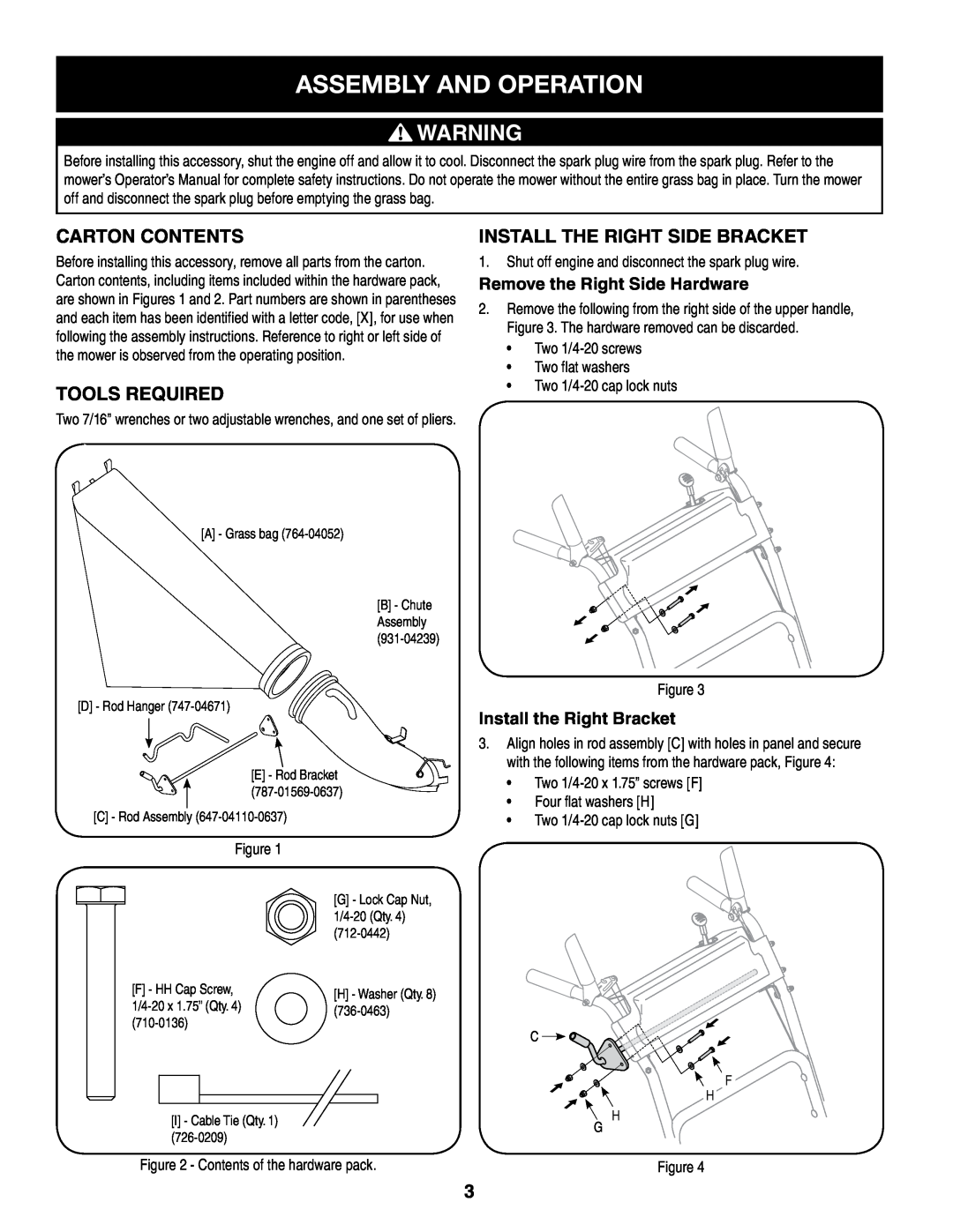 Sears 33731 manual Assembly And Operation, Carton CONTENTS, TOOLS required, Install the RIGHT Side Bracket 