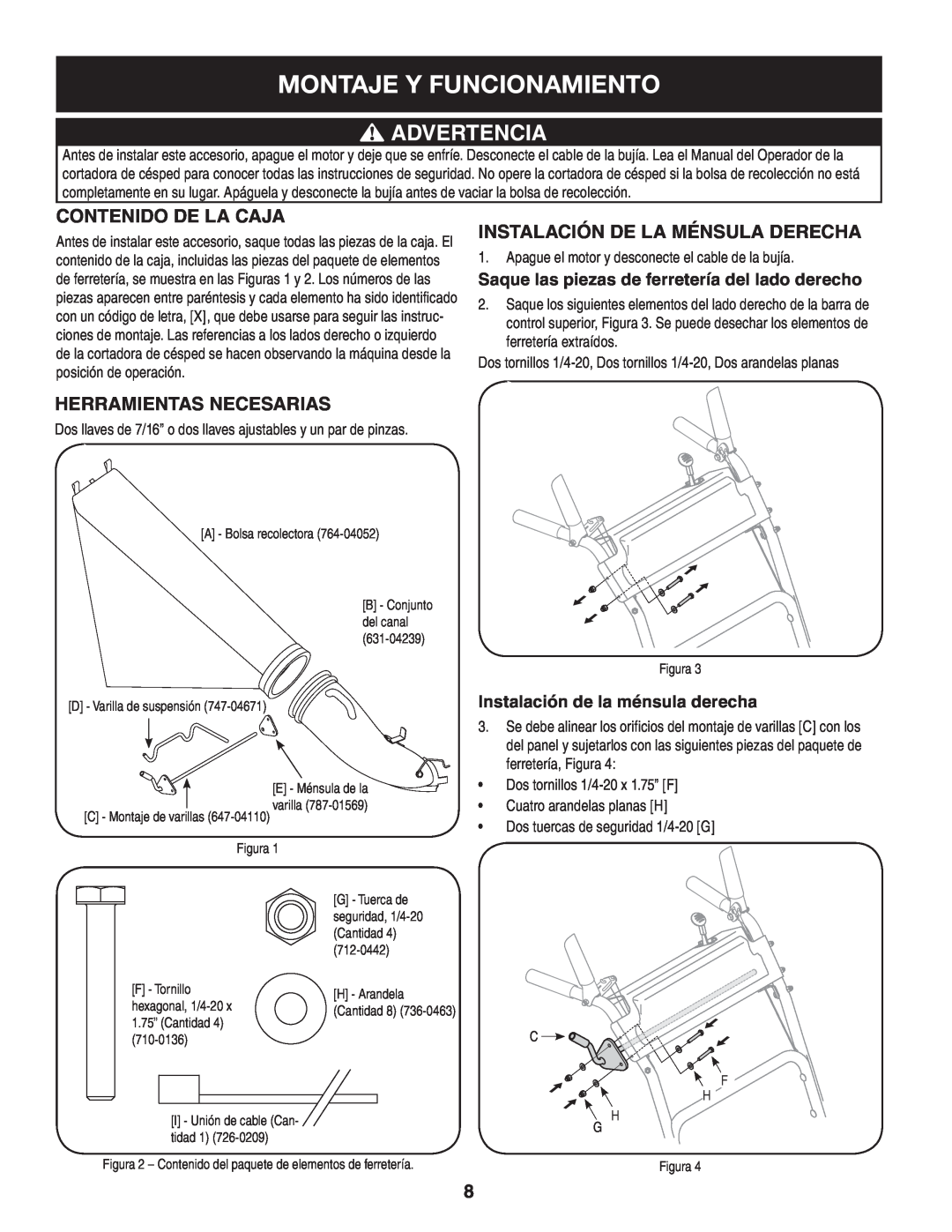 Sears 33731 manual Montaje Y Funcionamiento, Advertencia, Contenido De La Caja, Instalación De La Ménsula Derecha 