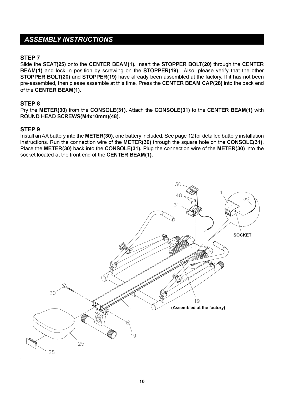 Sears 35-1215B owner manual Assembly Instructions, ROUND HEAD SCREWSM4x10mm48, SOCKET Assembled at the factory 