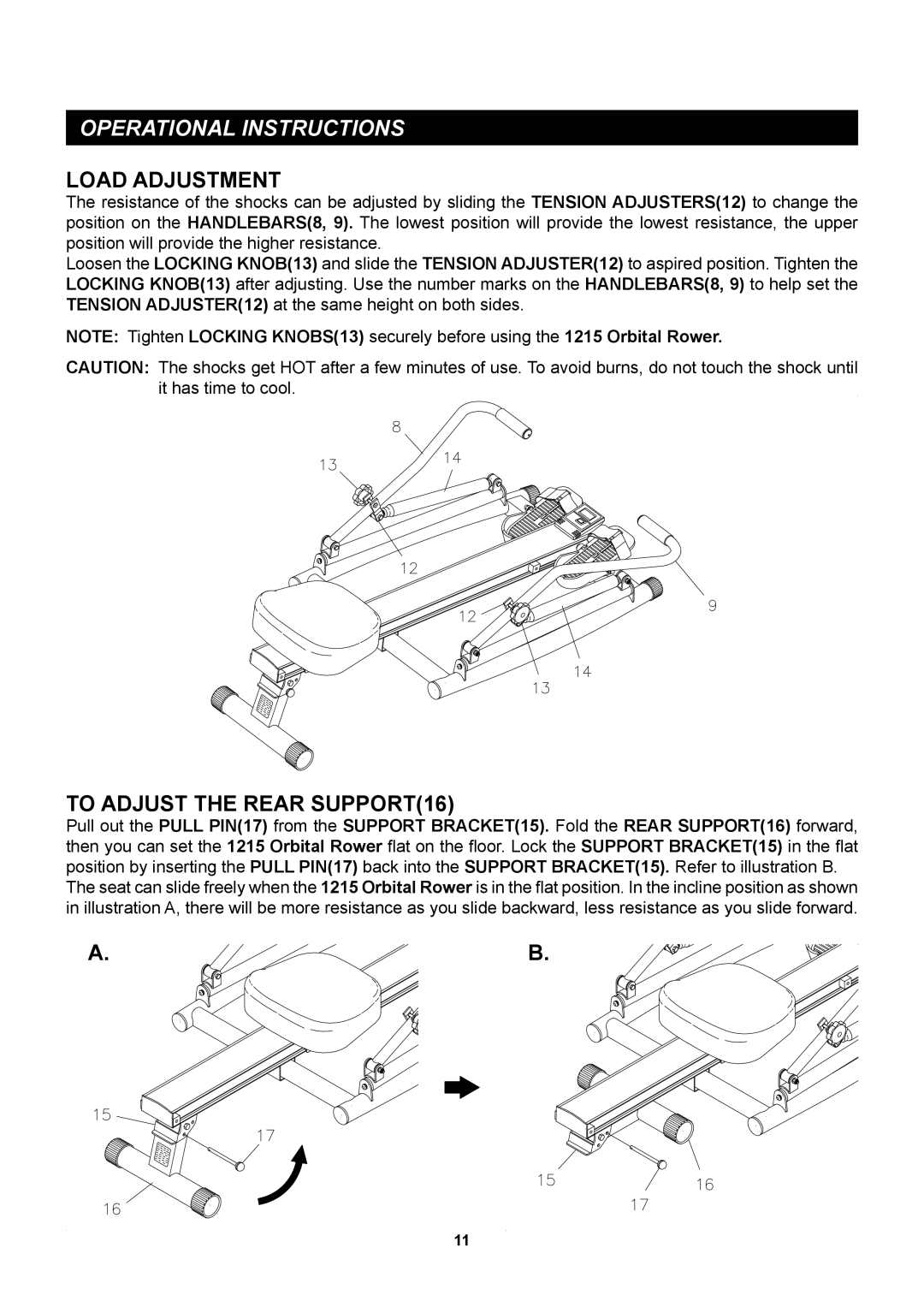 Sears 35-1215B owner manual Operational Instructions, Load Adjustment, TO ADJUST THE REAR SUPPORT16, A. B 