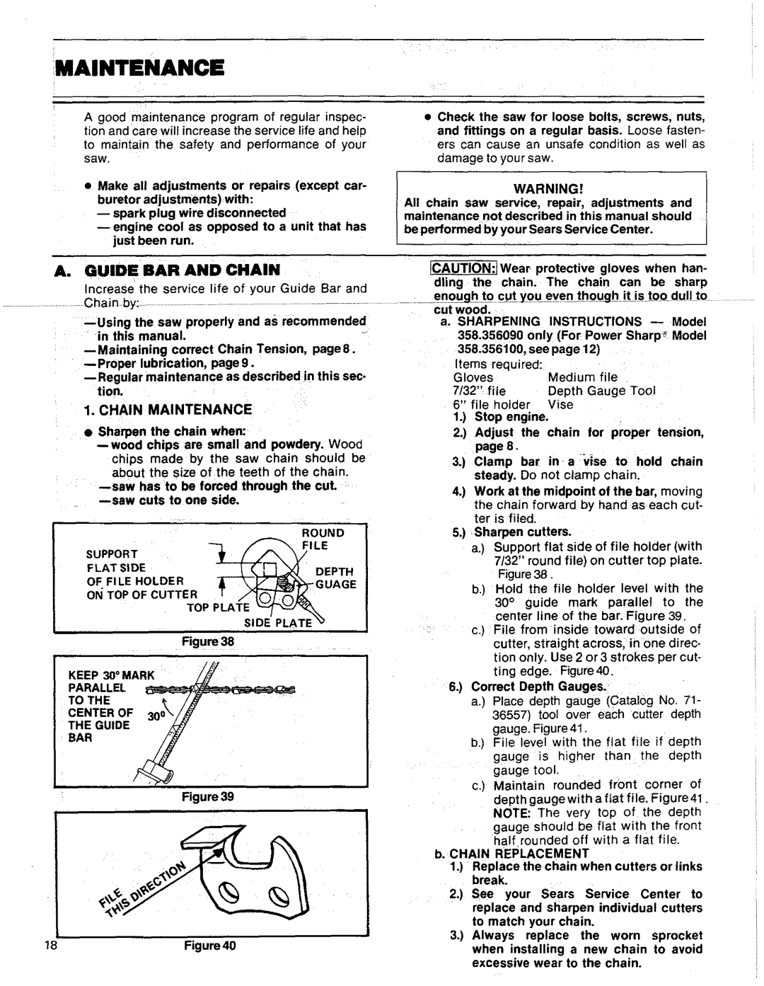 Sears 358.356090-3.7/20, 358.356100-3.7/18"PS manual Maintenance, Guide BAR and Chain 