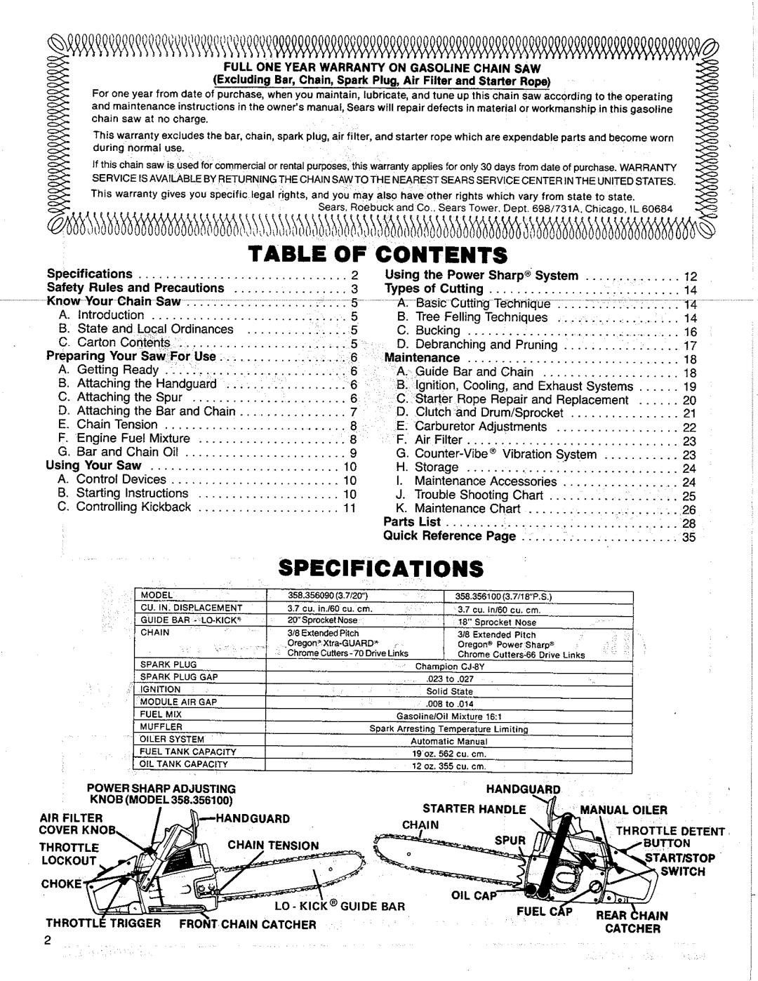 Sears 358.356090-3.7/20, 358.356100-3.7/18"PS manual Contents, Specifications 