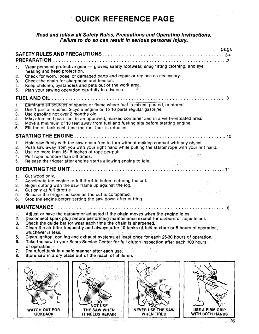 Sears 358.356100-3.7/18"PS, 358.356090-3.7/20 manual Quick Reference, Fuel and OIL, Starting the Engine, Maintenance 