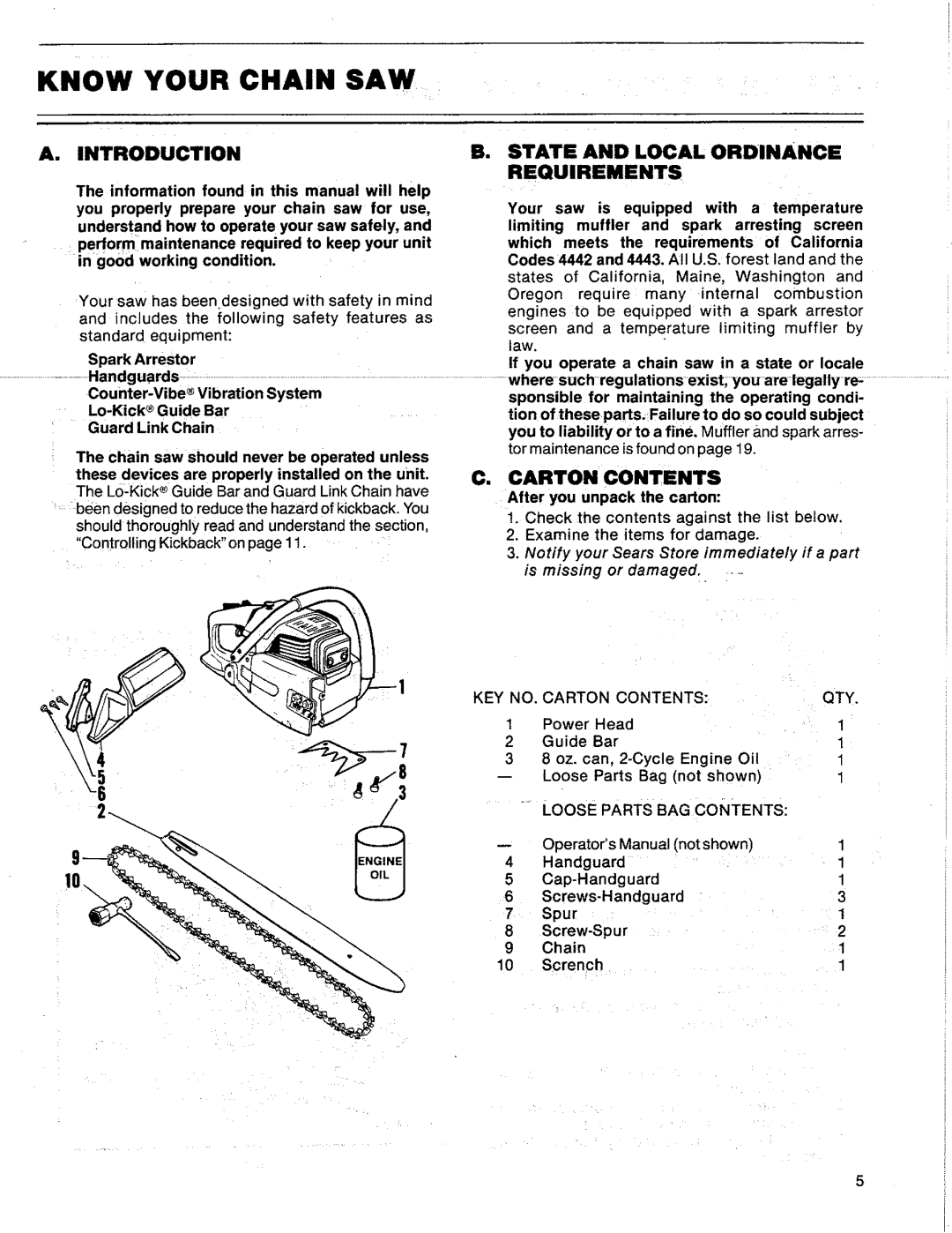 Sears 358.356100-3.7/18"PS, 358.356090-3.7/20 Know Your Chain SAW, Introduction, State and Local Ordinance Requirements 