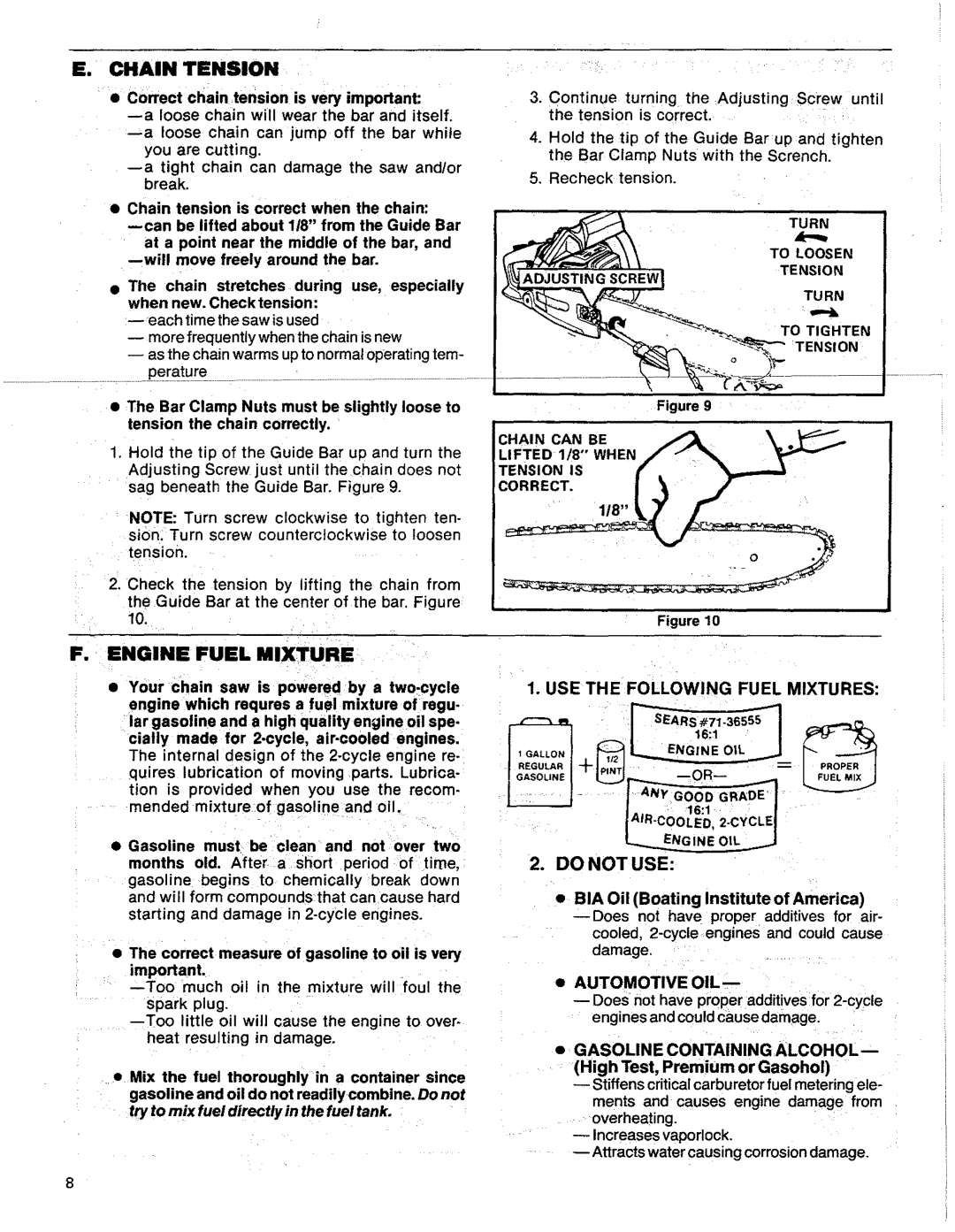 Sears 358.356090-3.7/20, 358.356100-3.7/18"PS manual Chain Tension, Do not USE, Automotive OIL, Gasoline Containing Alcohol 