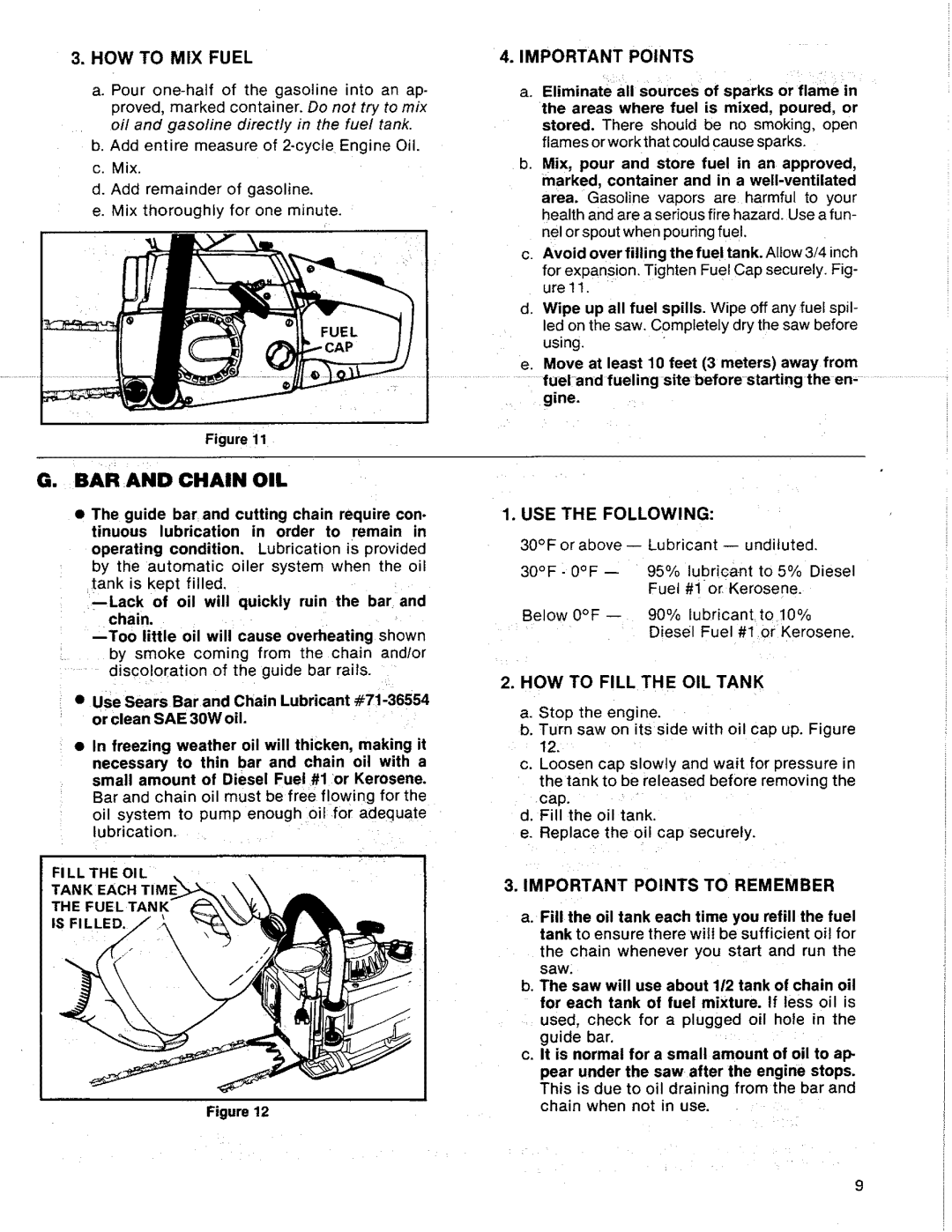 Sears 358.356100-3.7/18"PS, 358.356090-3.7/20 manual BAR and Chain OIL, Important Points 