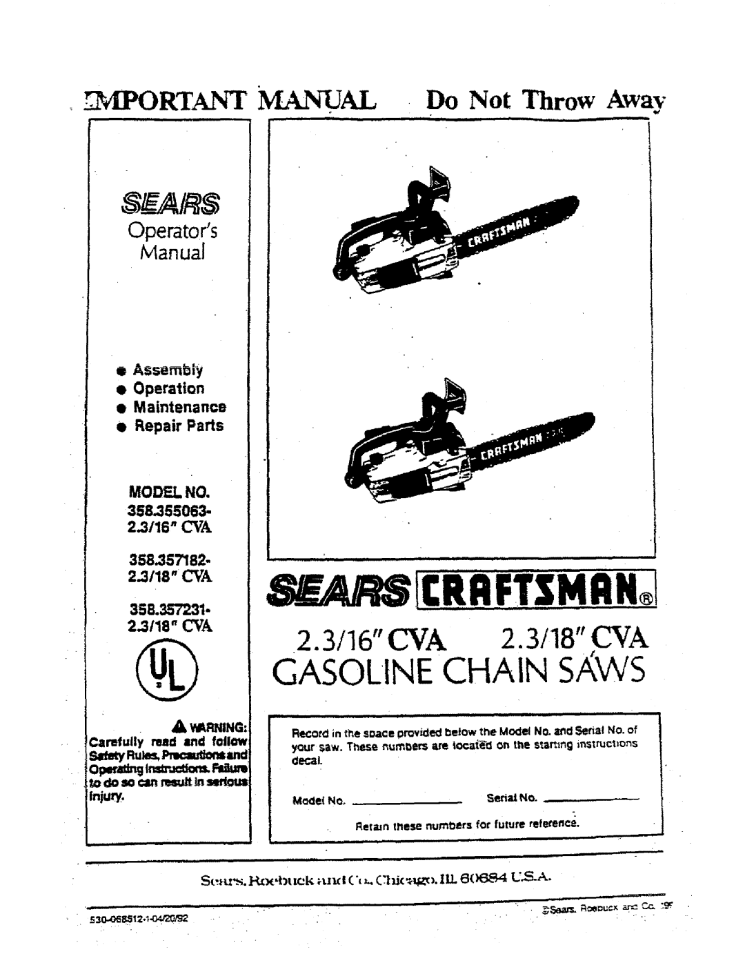 Sears 358.357231, 358.357182, 358.155063 manual Do Not Throw Away, Carefully reed the follow 