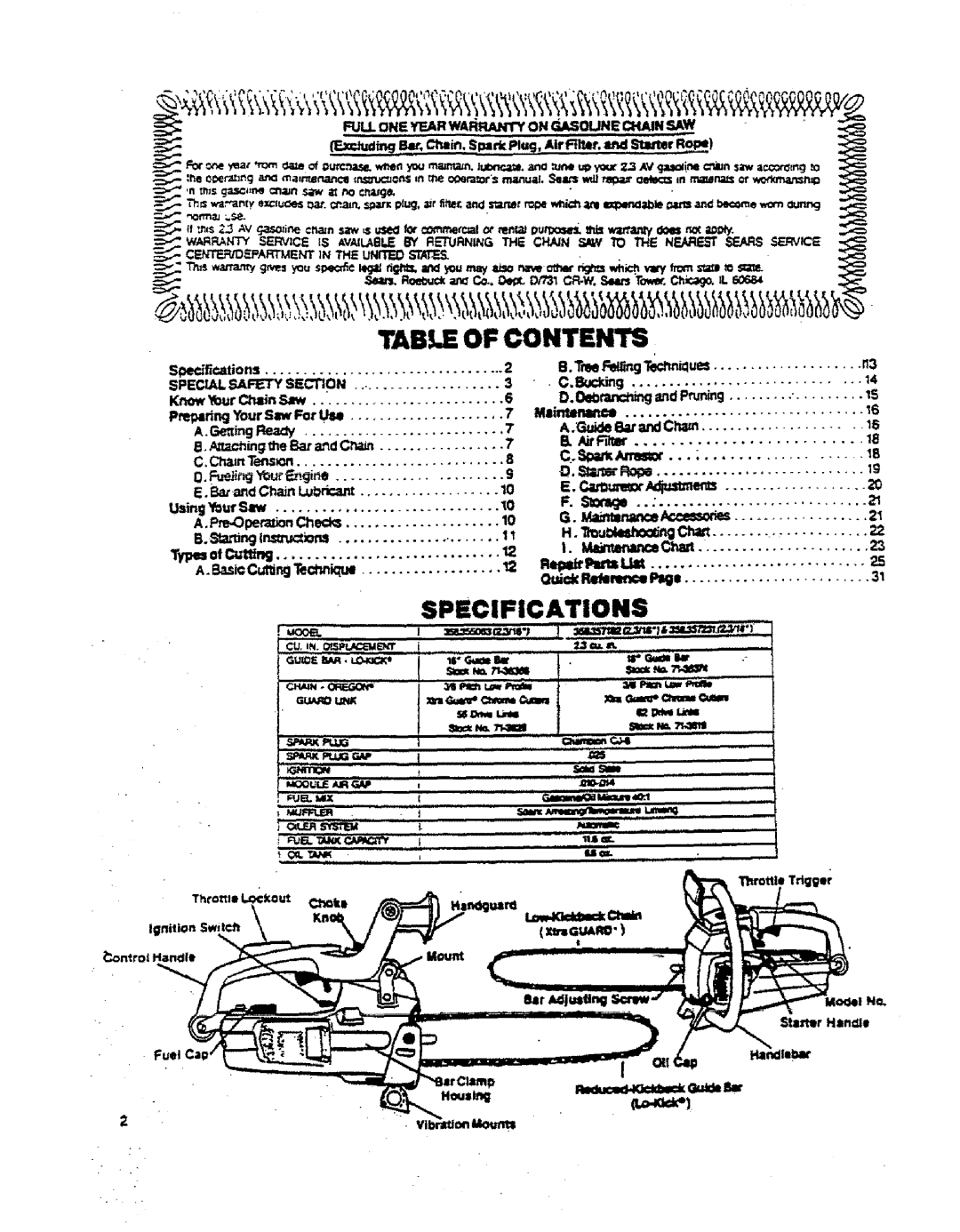 Sears 358.155063, 358.357182, 358.357231 manual Tabme of Contents 