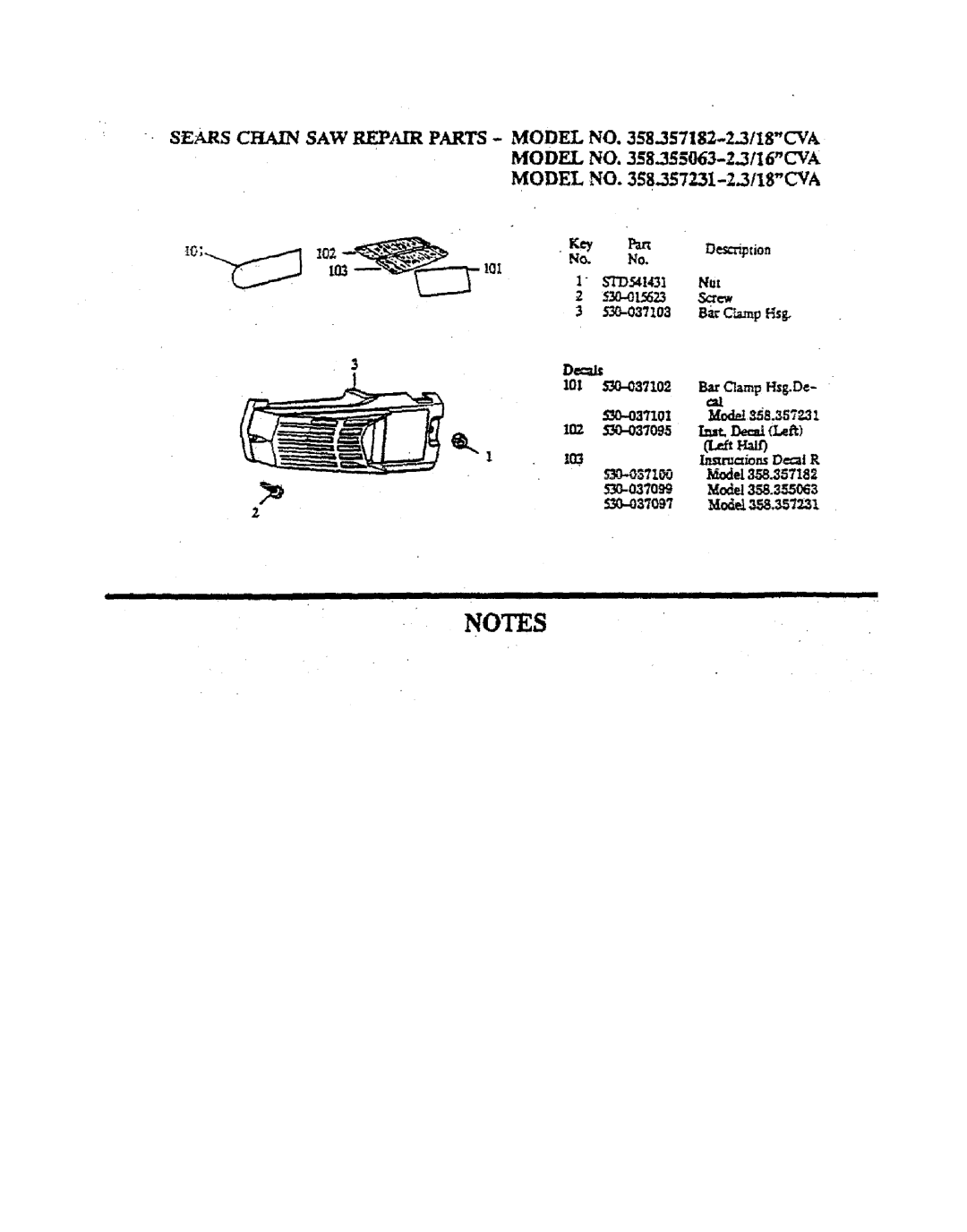 Sears 358.357231, 358.357182 manual Sears Chain SAW Repair Parts Model no .357182,--2.3/18CV, 102 .RD-037095l.t, DecatLeft 