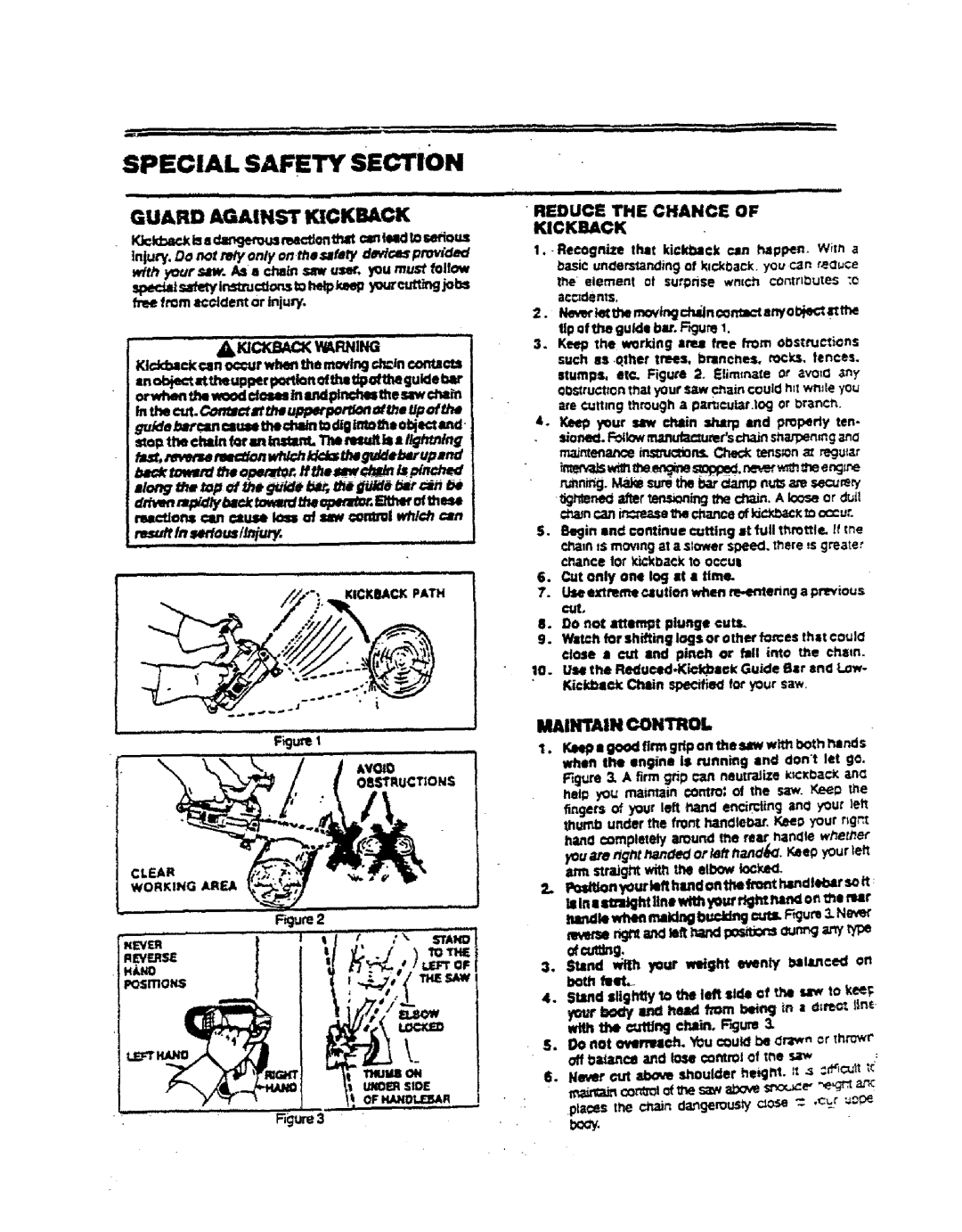 Sears 358.357182, 358.357231, 358.155063 manual Safety Section, Maintain CONTROl, Reduce the Chance Kickback 