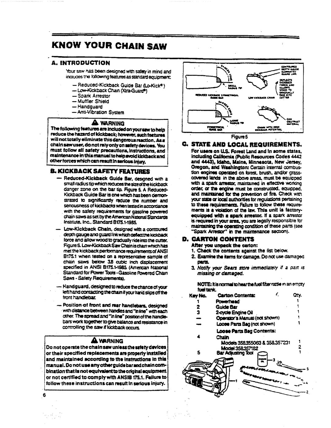 Sears 358.357182, 358.357231, 358.155063 manual Know Your Chain SAW, Kickback Safety FEAllJREl, Ombus, SarAfter=orintim r,acn 