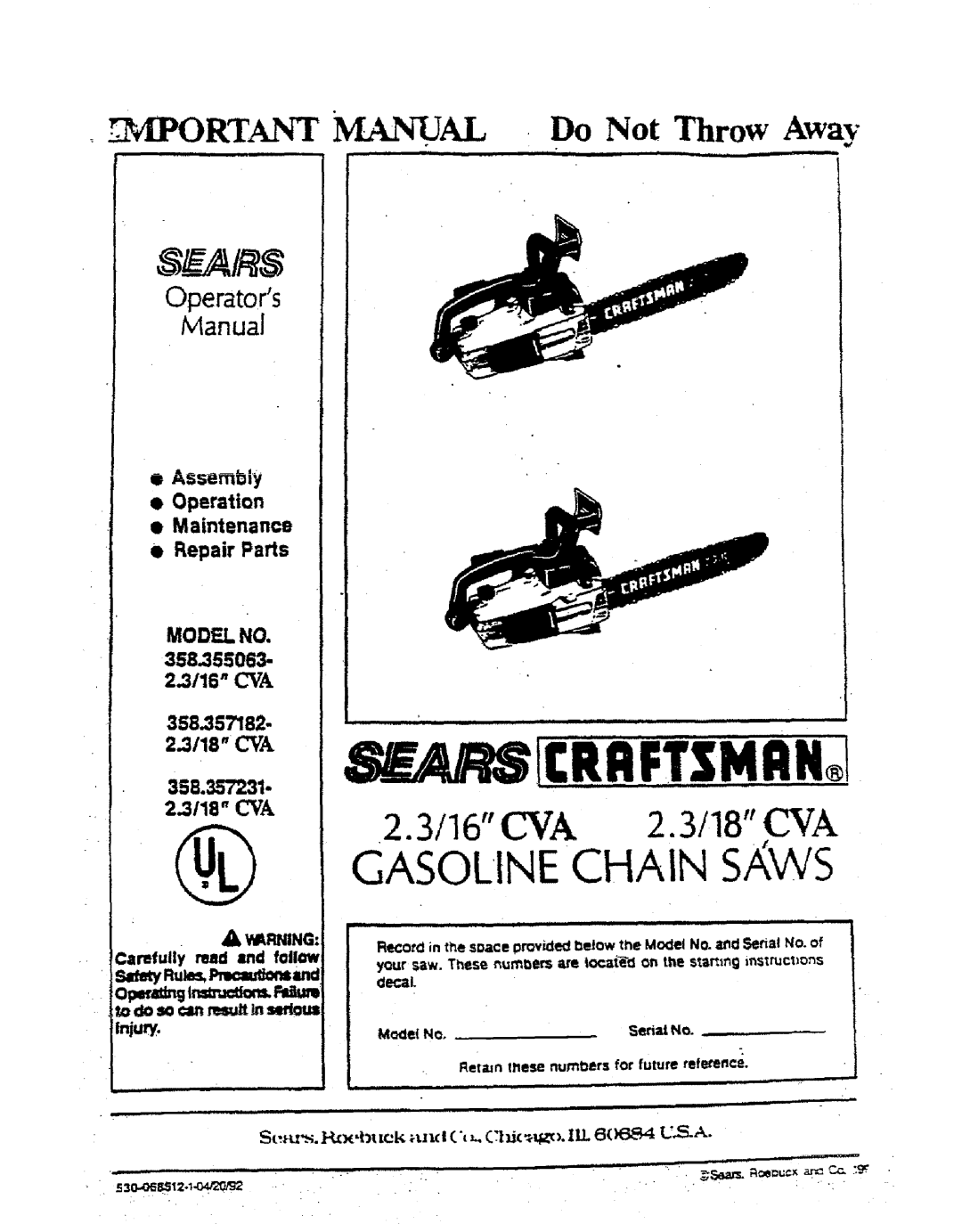 Sears 358.357231 manual 2.3/16 CVA 2.3/18 CVA, Rt. F Jal, Assembly Operation Maintenance Repair Parts, U.S.A, Y Rnjng, In 