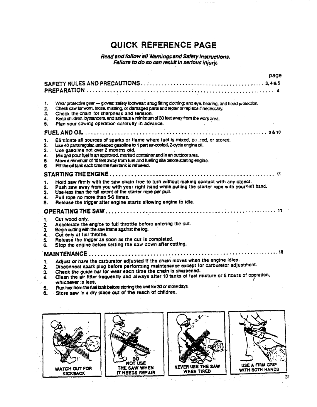 Sears 358.357231 manual Quick Reference Page, page, Fueland Oil, 9z, o, Starting Theengine, Operating The Saw, Maintenance 