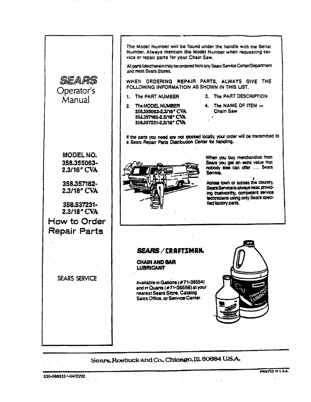 Sears 358.155063 manual How to Order, Repair Parts, 358.537231- 2.3118 CYA, SEA/ / i RRFTSMRtL, S RS RVlCE, a a=.Re r Parts 