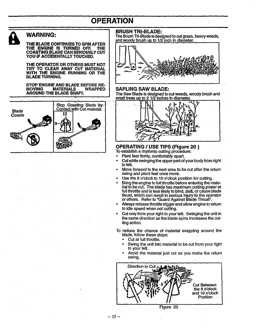 Sears 358.79828 manual Brush TRI-BLADE, Sapling SAW Blade, Blade Continues to Spin After the Engine is Turned OFR 