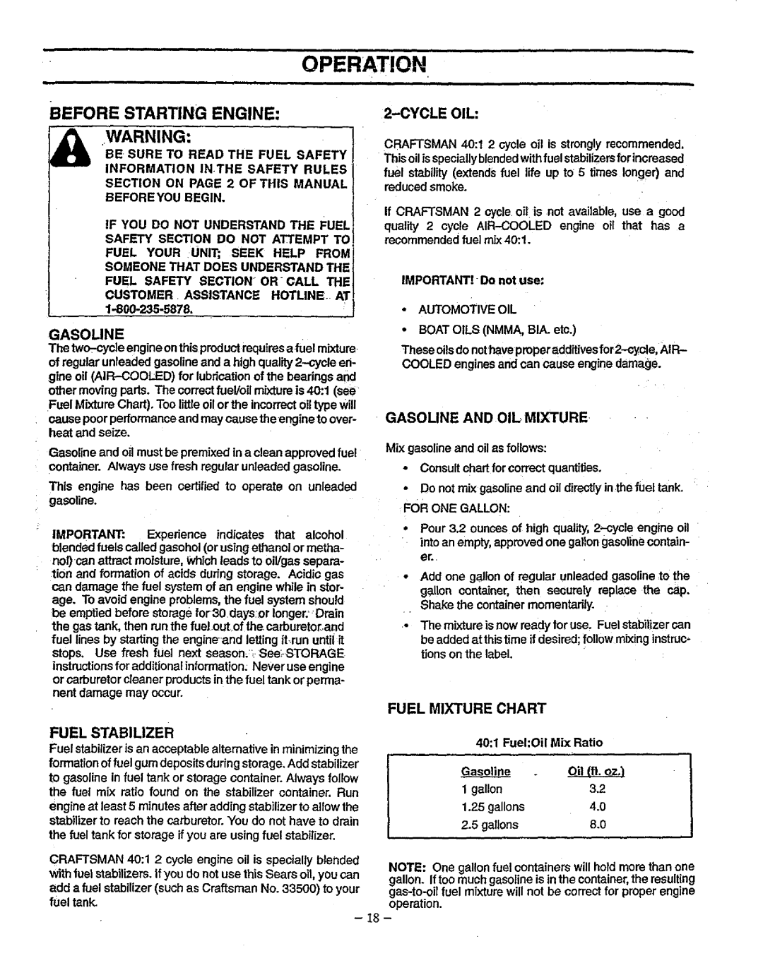 Sears 358.79828 manual Cycle OIL, Fuel Stabilizer, Fuel Mixture Chart, Gasoline and OIL Mixture 