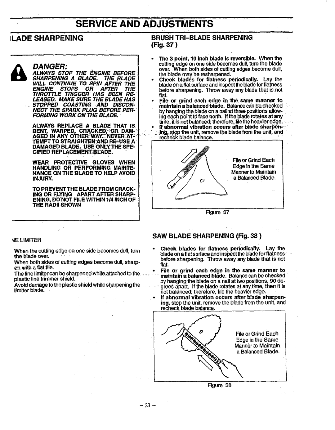 Sears 358.79828 manual Ilade Sharpening, Brush TRI-BLADE Sharpening Fig, SAW Blade Sharpening Fig 