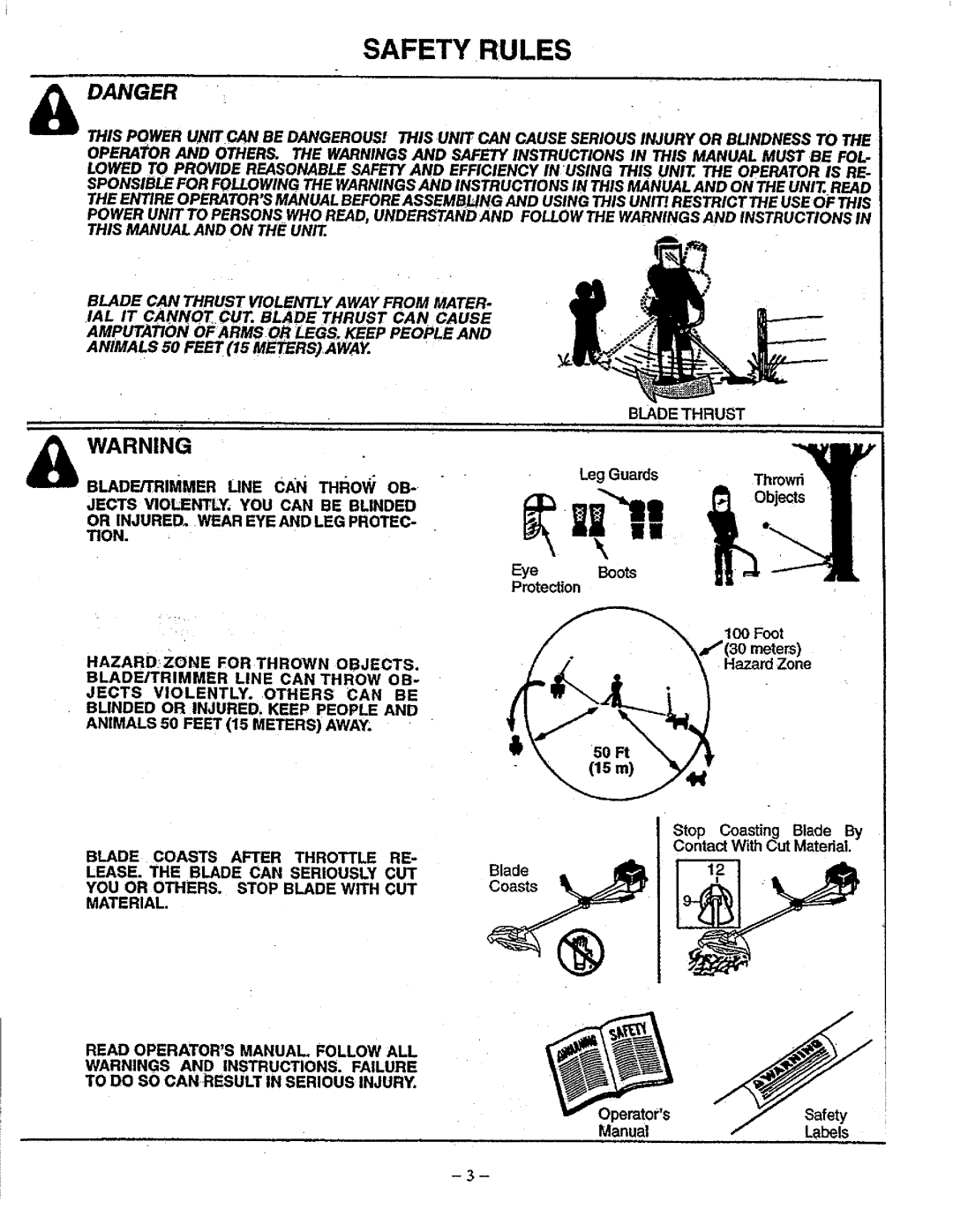 Sears 358.79828 manual Safety Rules, Leg Guards EyeBoots Protection Hazard Zone, Manual, Labels 