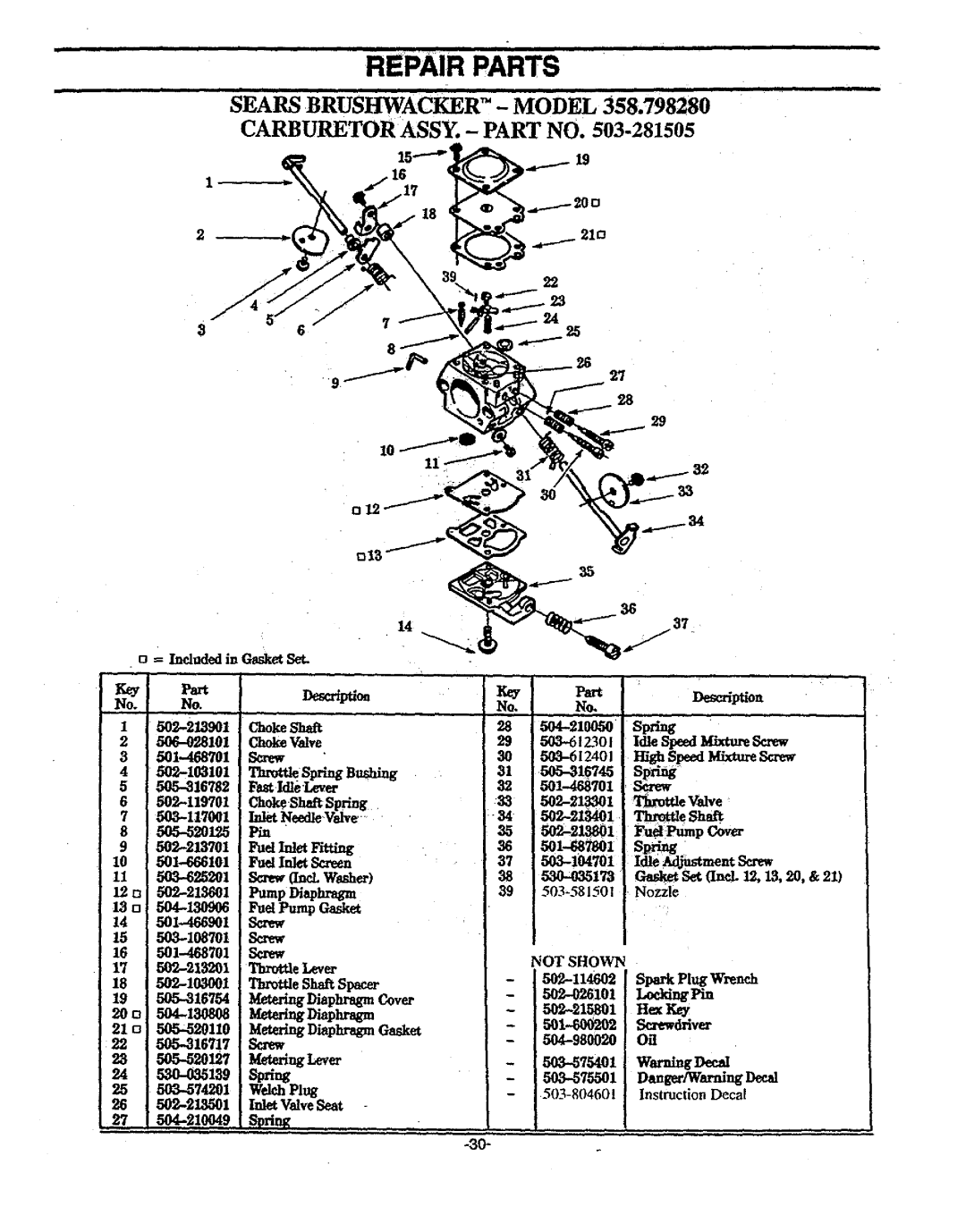 Sears 358.79828 manual Repair PARTs 