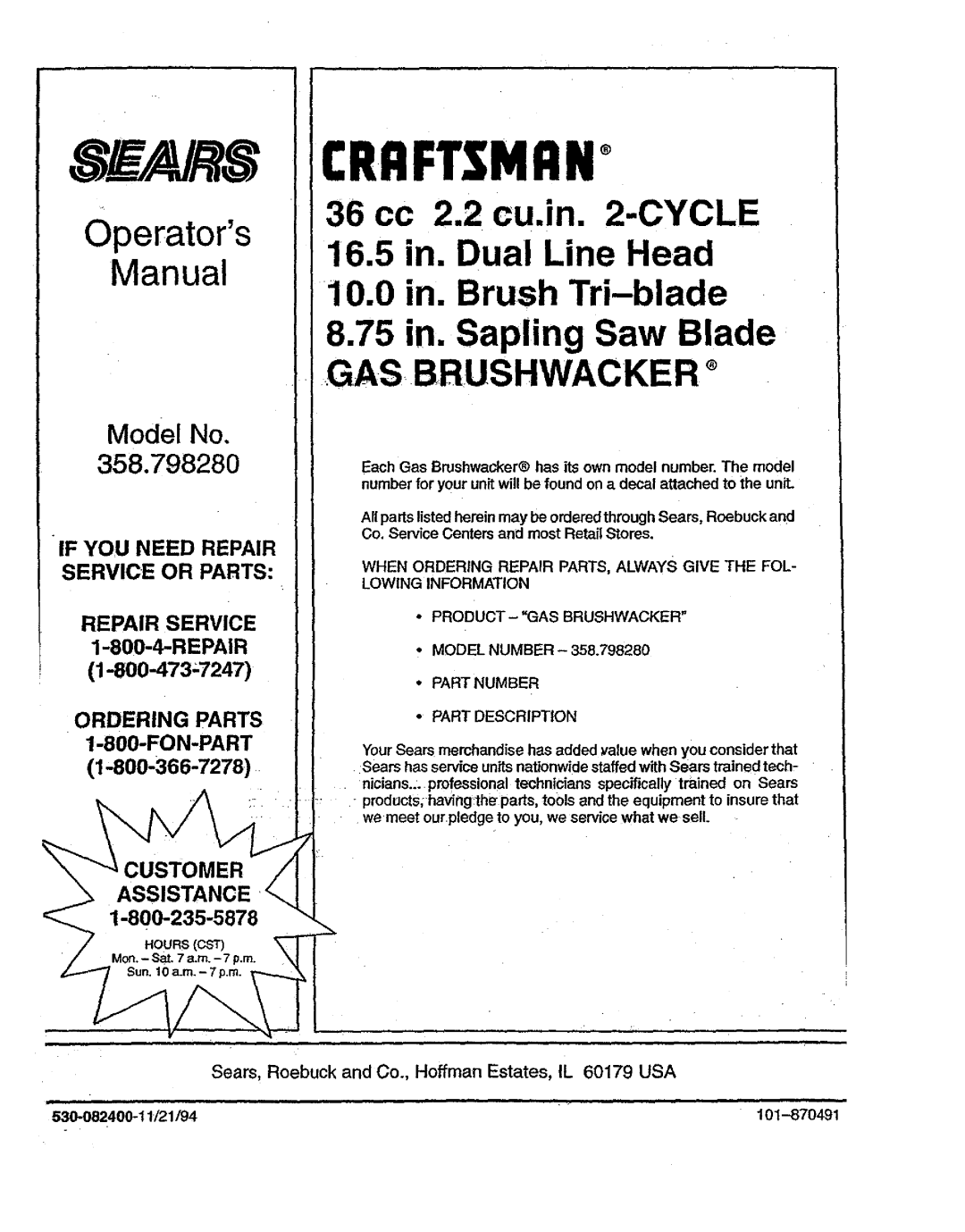 Sears 358.79828 manual If YOU Need Repair Service or Parts, Lowing Information, Part Number, 101-870491 