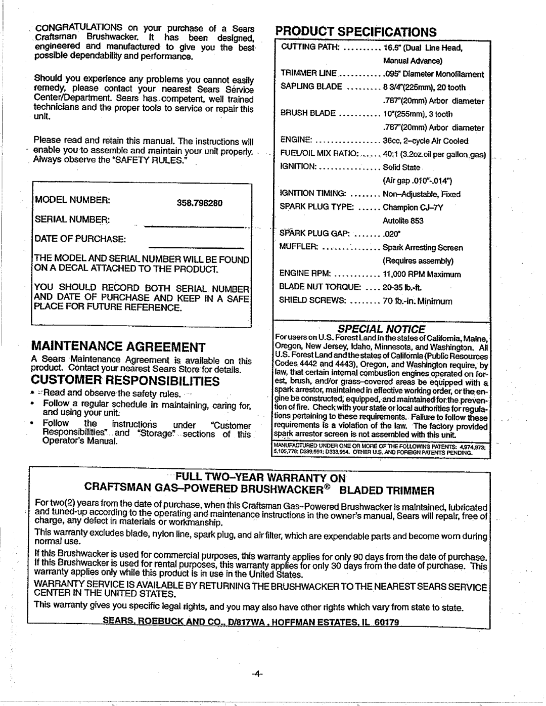 Sears 358.79828 manual Maintenance Agreement, Product Specifications, Air gap.010-.014 