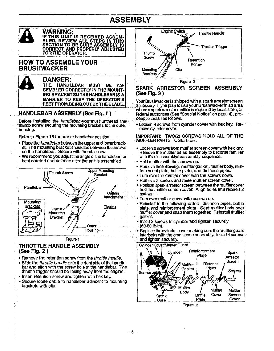 Sears 358.79828 manual Spark Arrestor Screen Assembly See Fig, Throttle Handle Assembly See Fig 