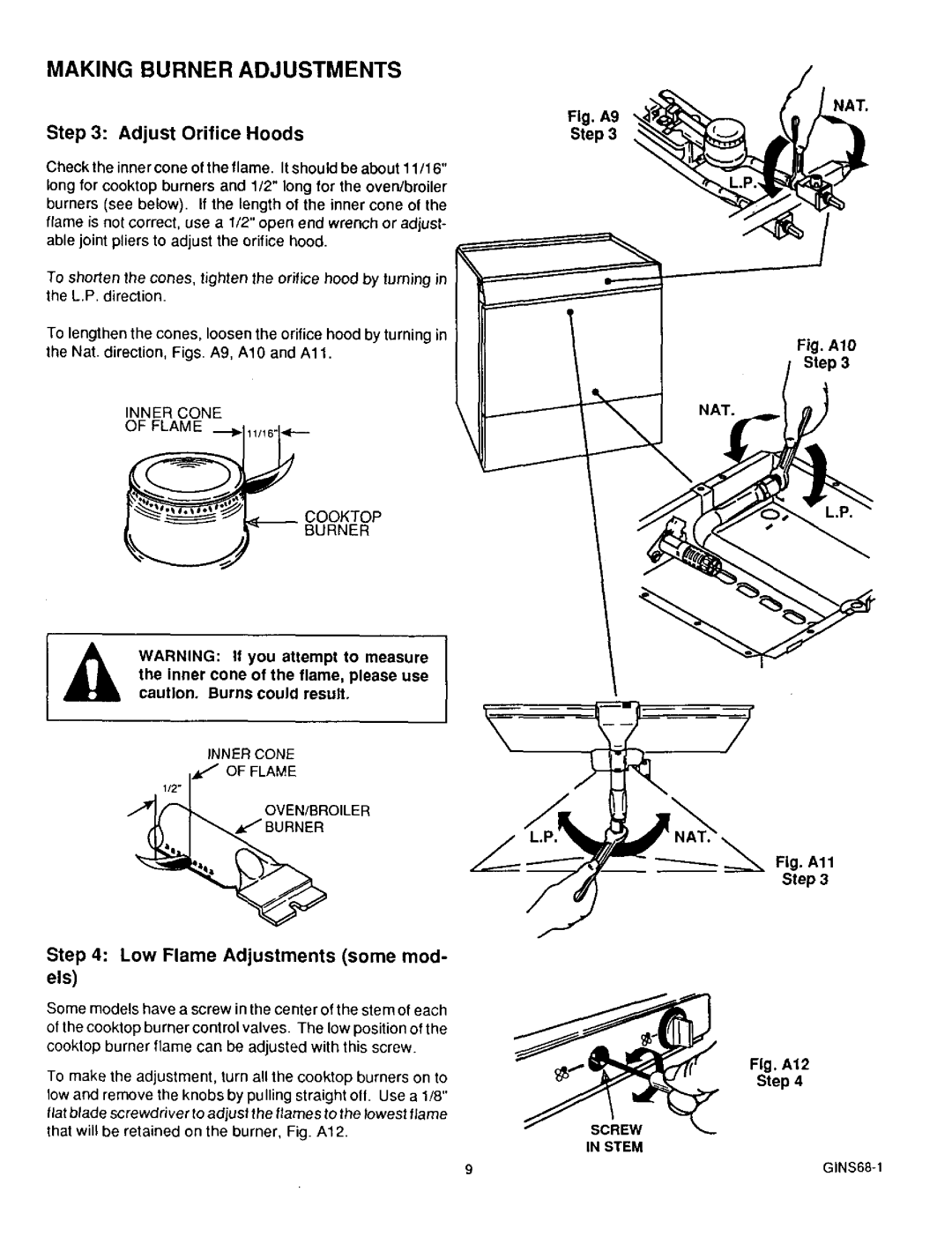 Sears 36519, 36511 owner manual Adjust Orifice Hoods, Fig. A9 Step 