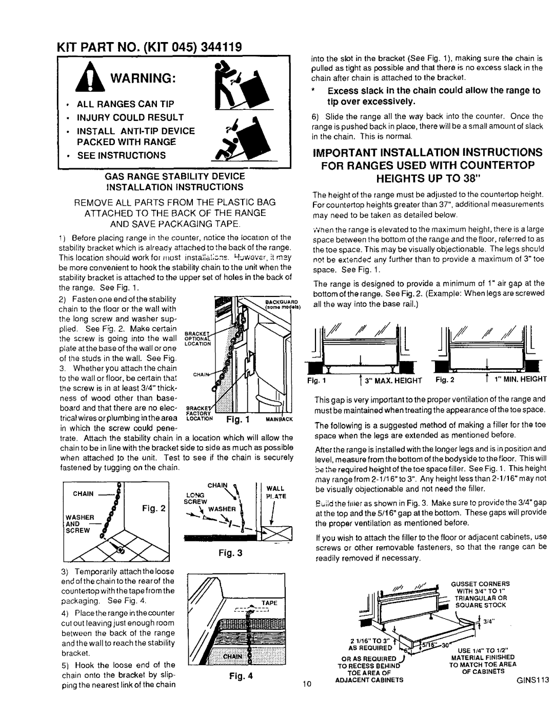 Sears 36511 Excess slack in the chain could allow the range to, GAS Range Stability Device, Installation Instructions 