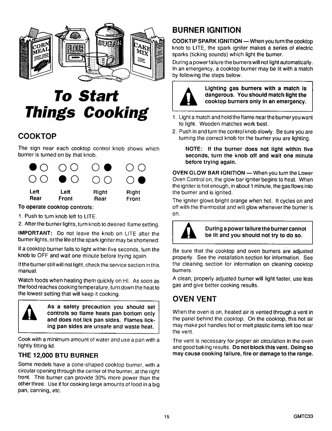 Sears 36519, 36511 owner manual Cooktop, Burner Ignition, Oven Vent, 12,000 BTU Burner, Before trying again 