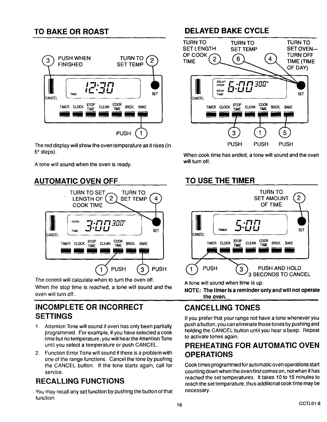 Sears 36511 To Bake or Roast, Automatic Oven OFF, Recalling Functions, To USE the Timer, Preheating for Automatic Oven 