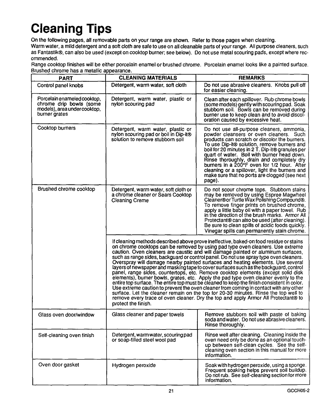 Sears 36519 Part Cleaning Materials Remarks, Brushed chrome cooktop, Glass oven door/window, Self-cleaning oven finish 