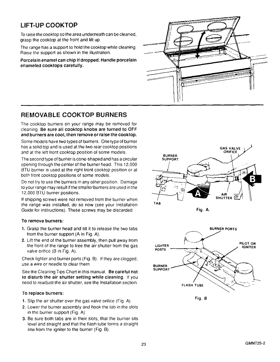 Sears 36519, 36511 owner manual LIFT-UP Cooktop, To remove burners, To replace burners 