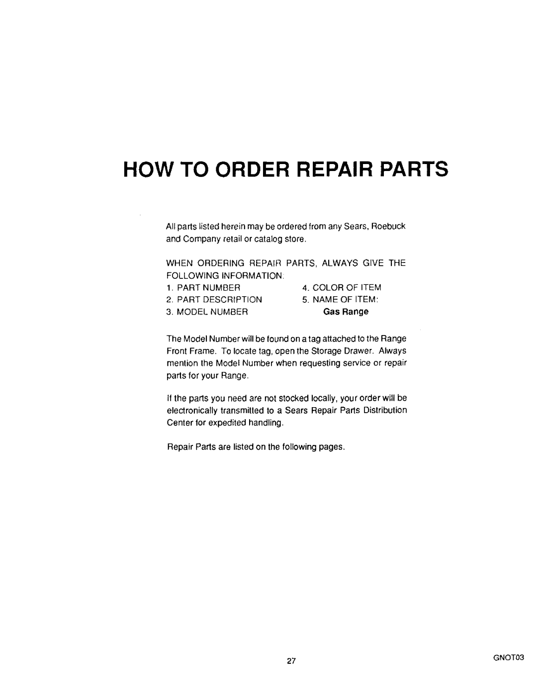 Sears 36519, 36511 owner manual HOW to Order Repair Parts 