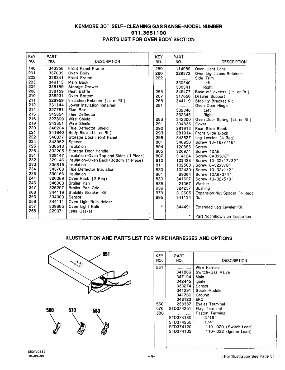 Sears 36519, 36511 owner manual 560 570 580, Illustration and Parts List for Wire Harnesses and Options 