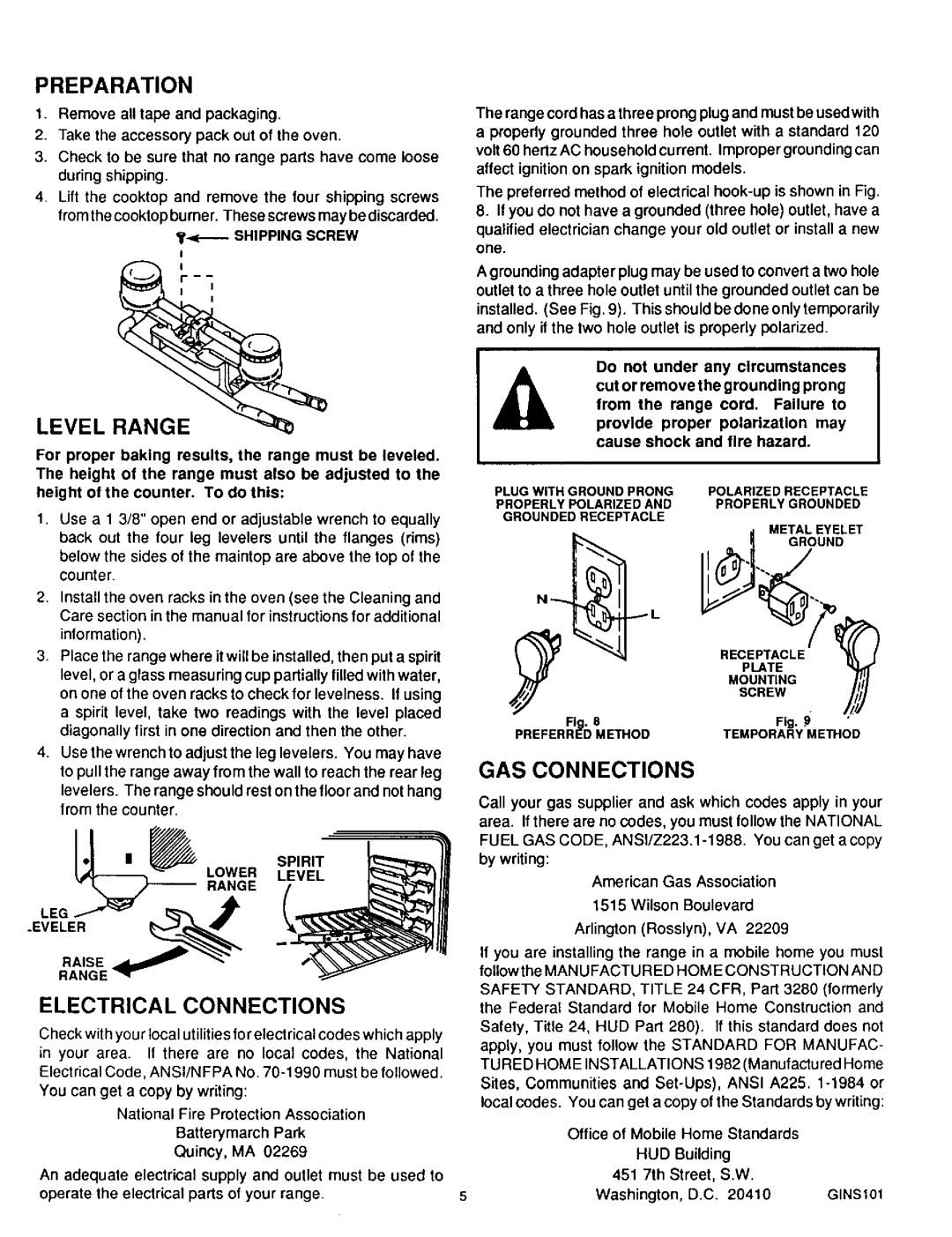 Sears 36519, 36511 owner manual Preparation, Level, Electrical Connections, GAS Connections 