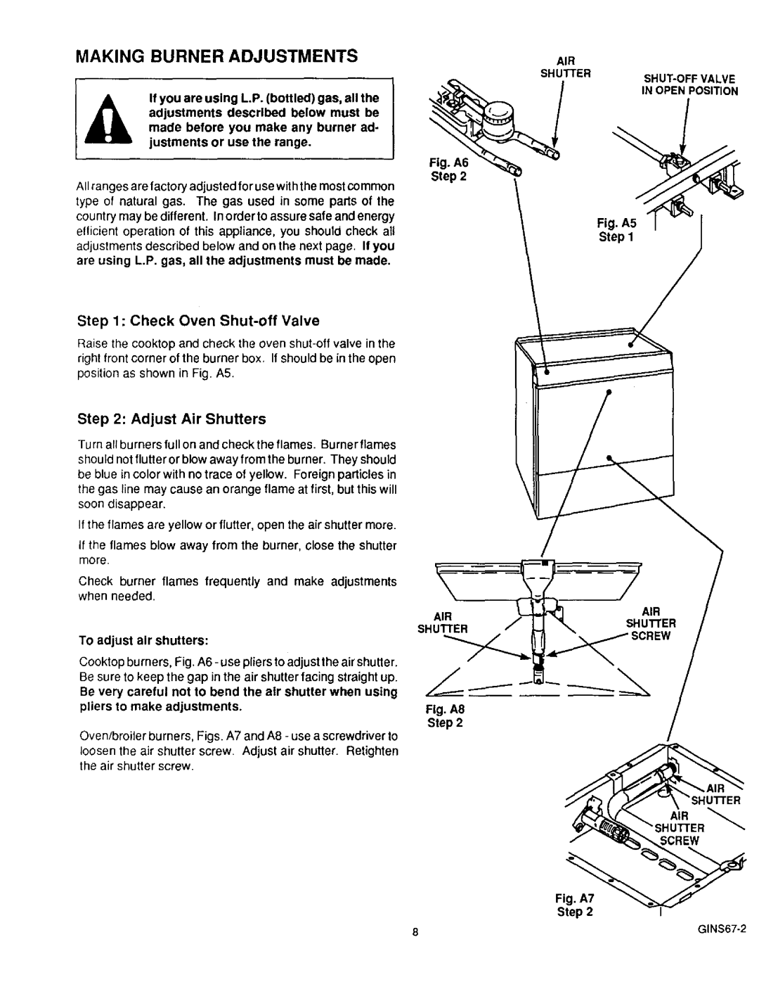 Sears 36511, 36519 owner manual Making Burner Adjustments, Adjust Air Shutters, AIR Shutter SHUT-OFFVALVE Open Position 