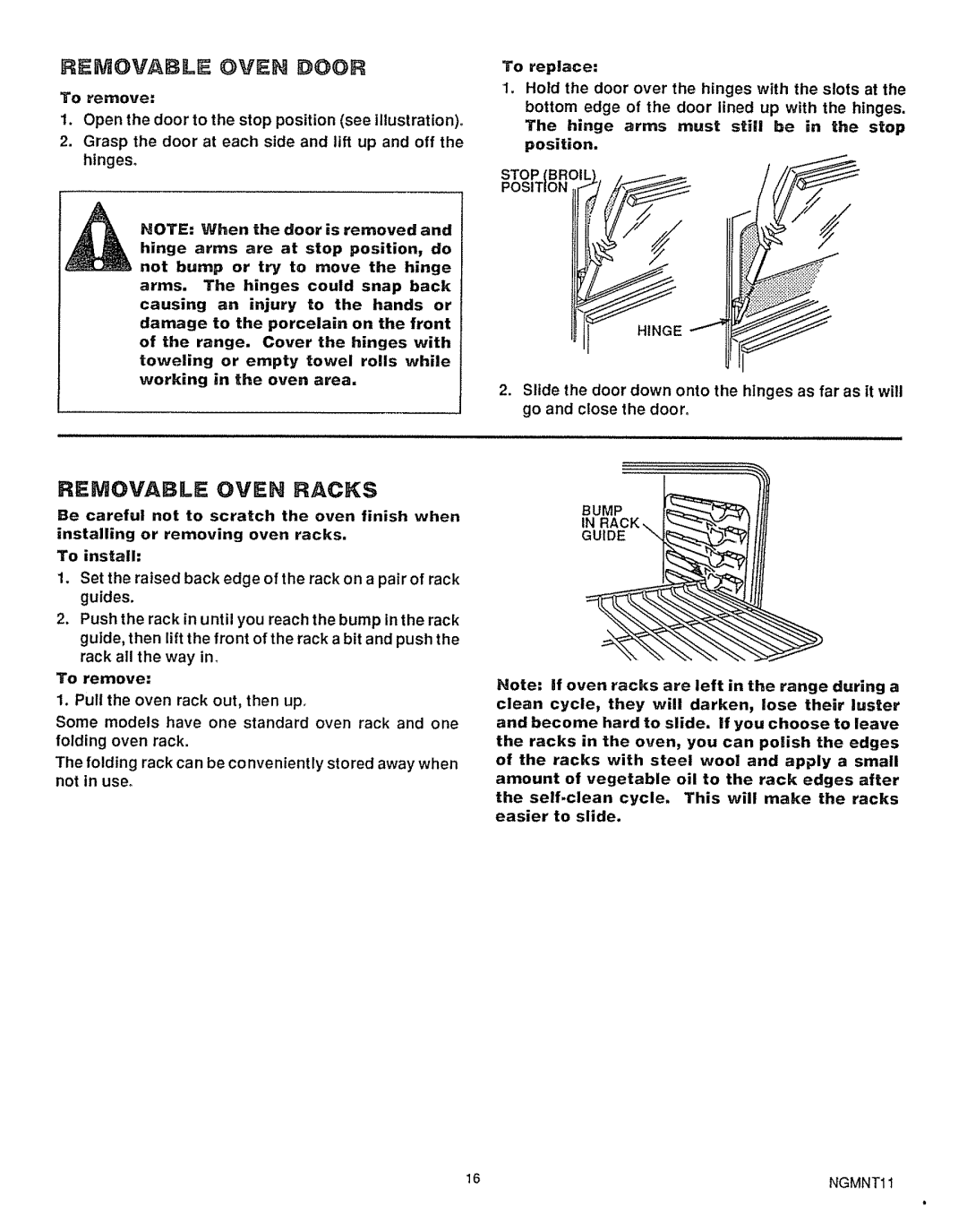 Sears 36725, 36729 warranty Removable Oven Door, Removable Oven Racks, Stop BR Position 