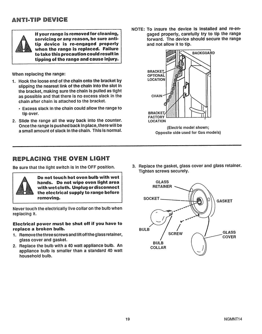 Sears 36729, 36725 warranty Antb-Tspdevice, Replaciing The Oven Light 