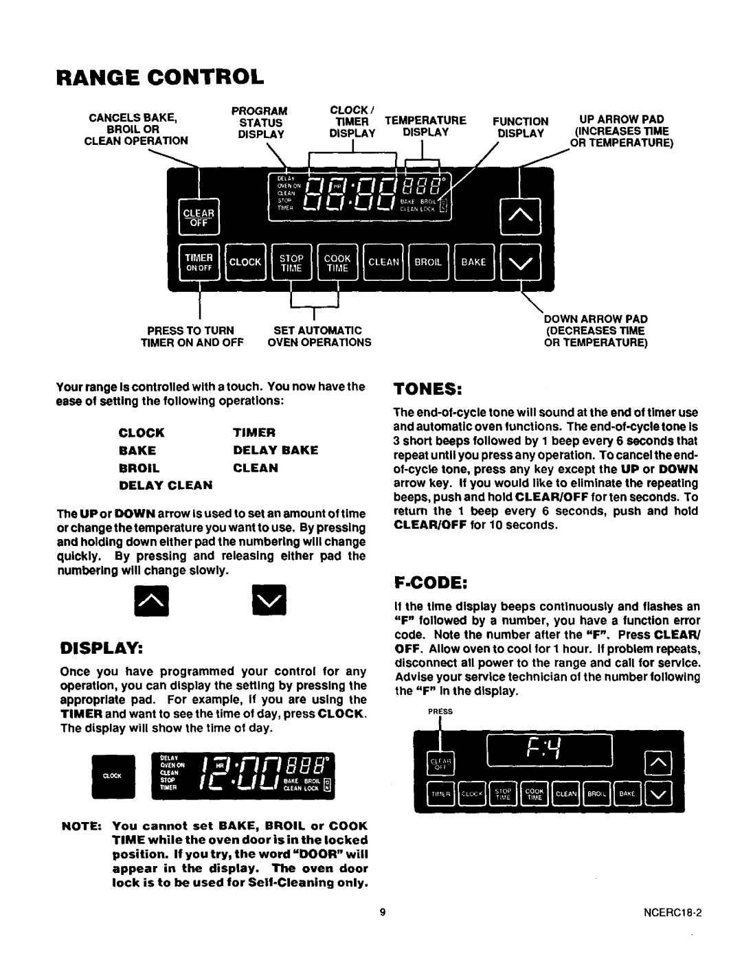 Sears 36749, 36745 warranty Rangecontrol, Display, Tones, Code 