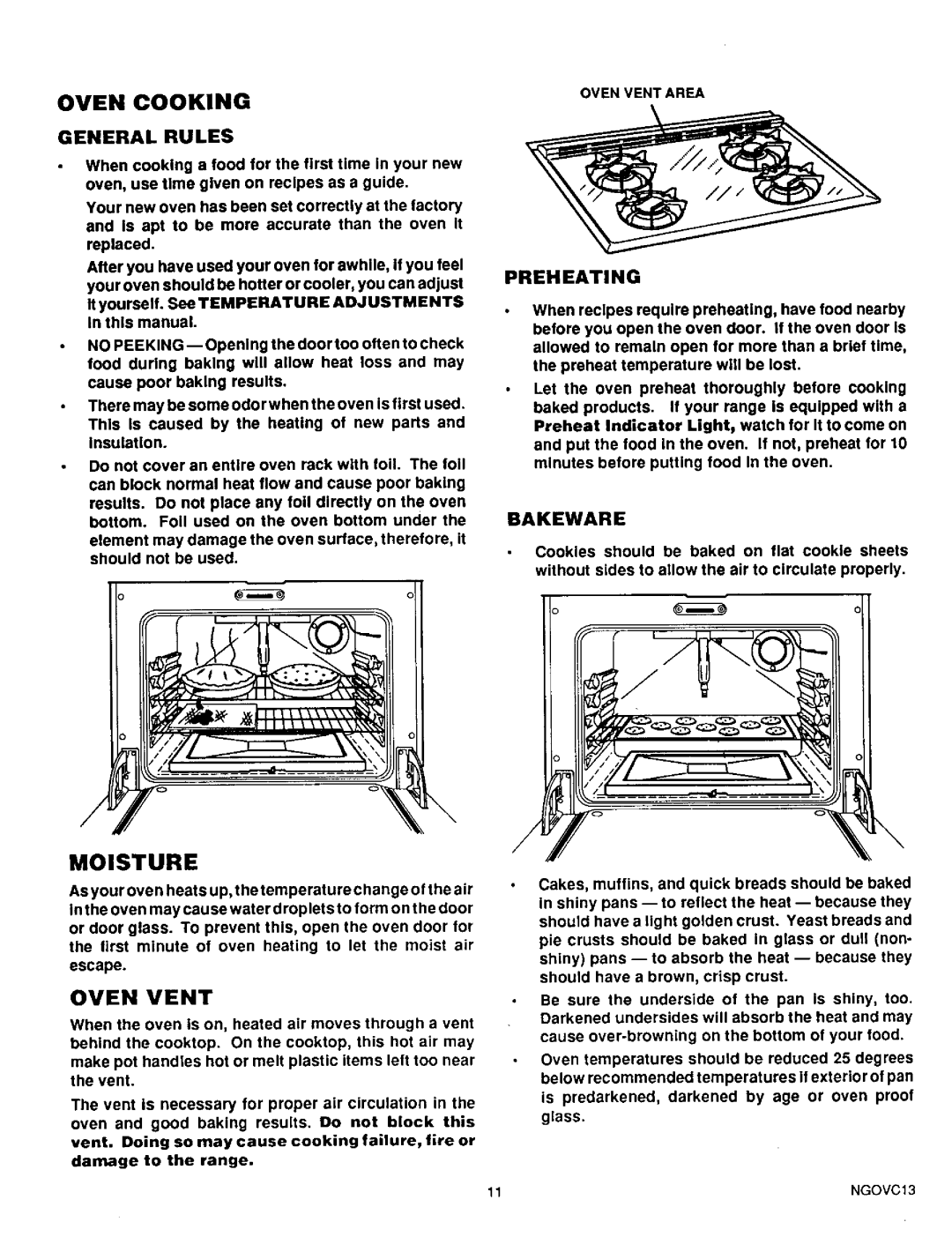 Sears 36749, 36745 warranty Oven Cooking, Ovenventarea, Moisture, Oven Vent, Bakeware 