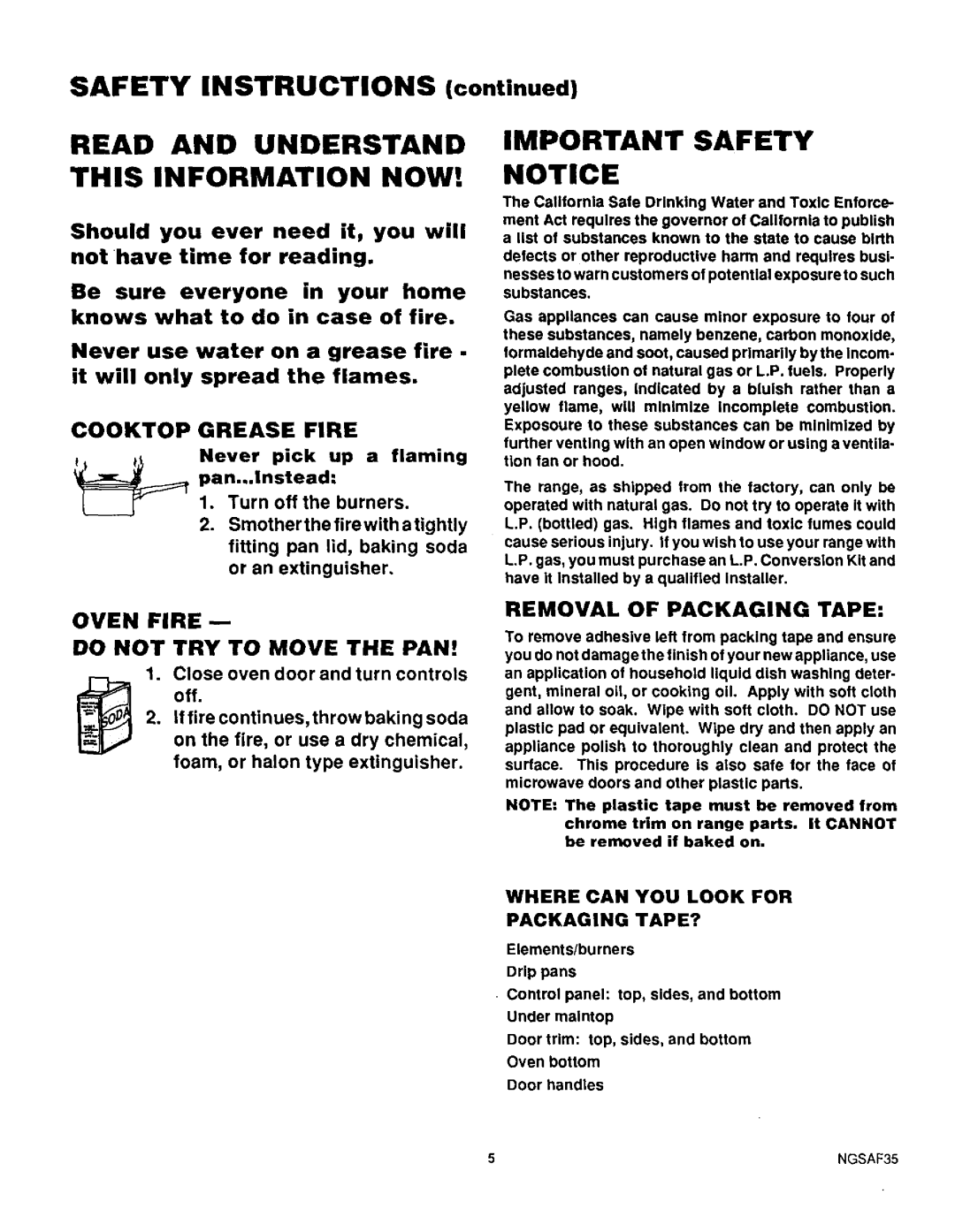 Sears 36749 Read and Understand This Information NOW, Important Safety, Cooktop Grease Fire, Removal of Packaging Tape 